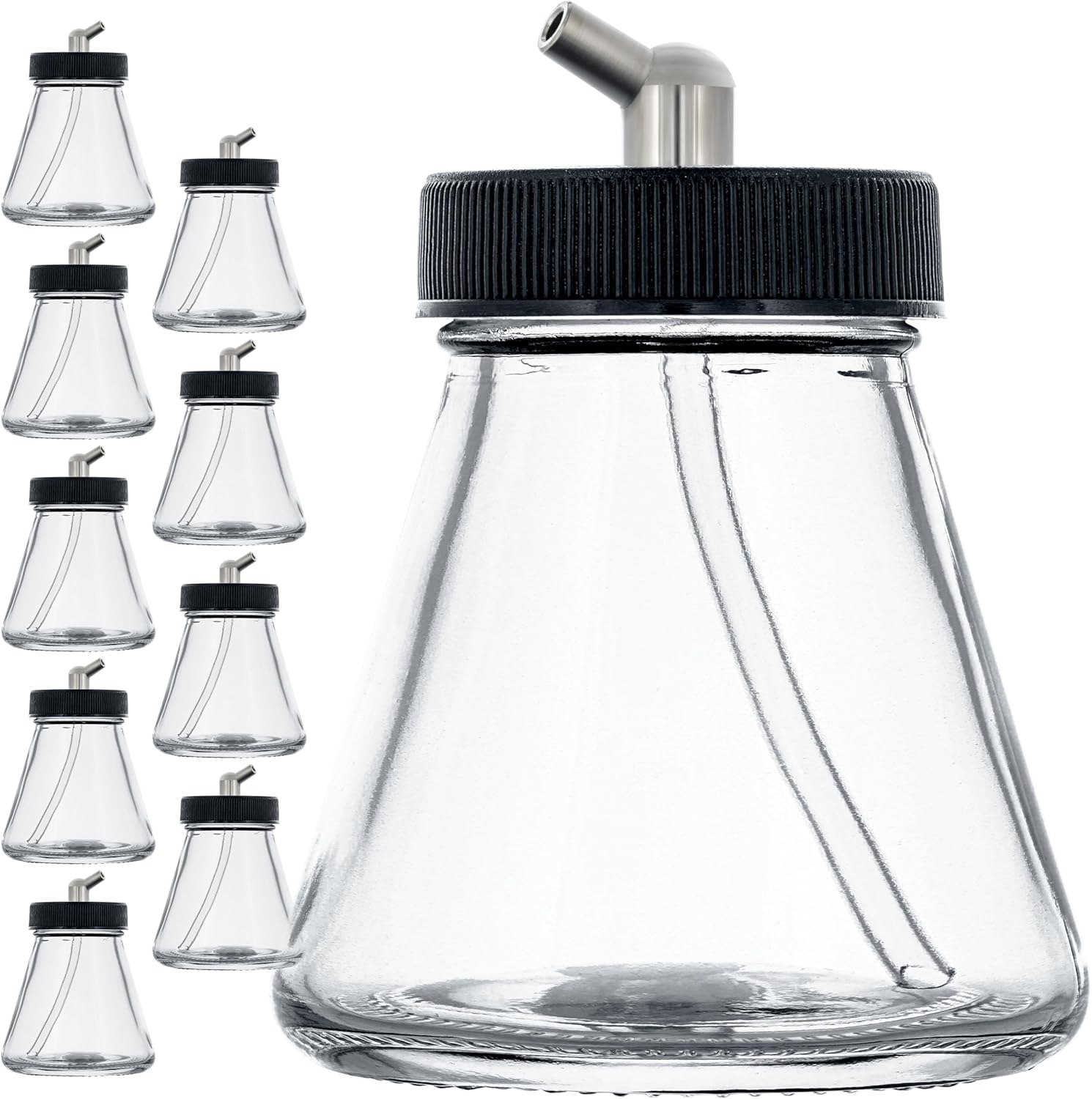 Master Airbrush (Pack of 10) TB-004 Empty 2.7-Ounce (80cc) Glass Jar Bottles with 60° Down Angle Adaptor Lid Assembly - Fits Single-Action Siphon Feed Airbrushes, Use with Master Badger Paasche, Iwata