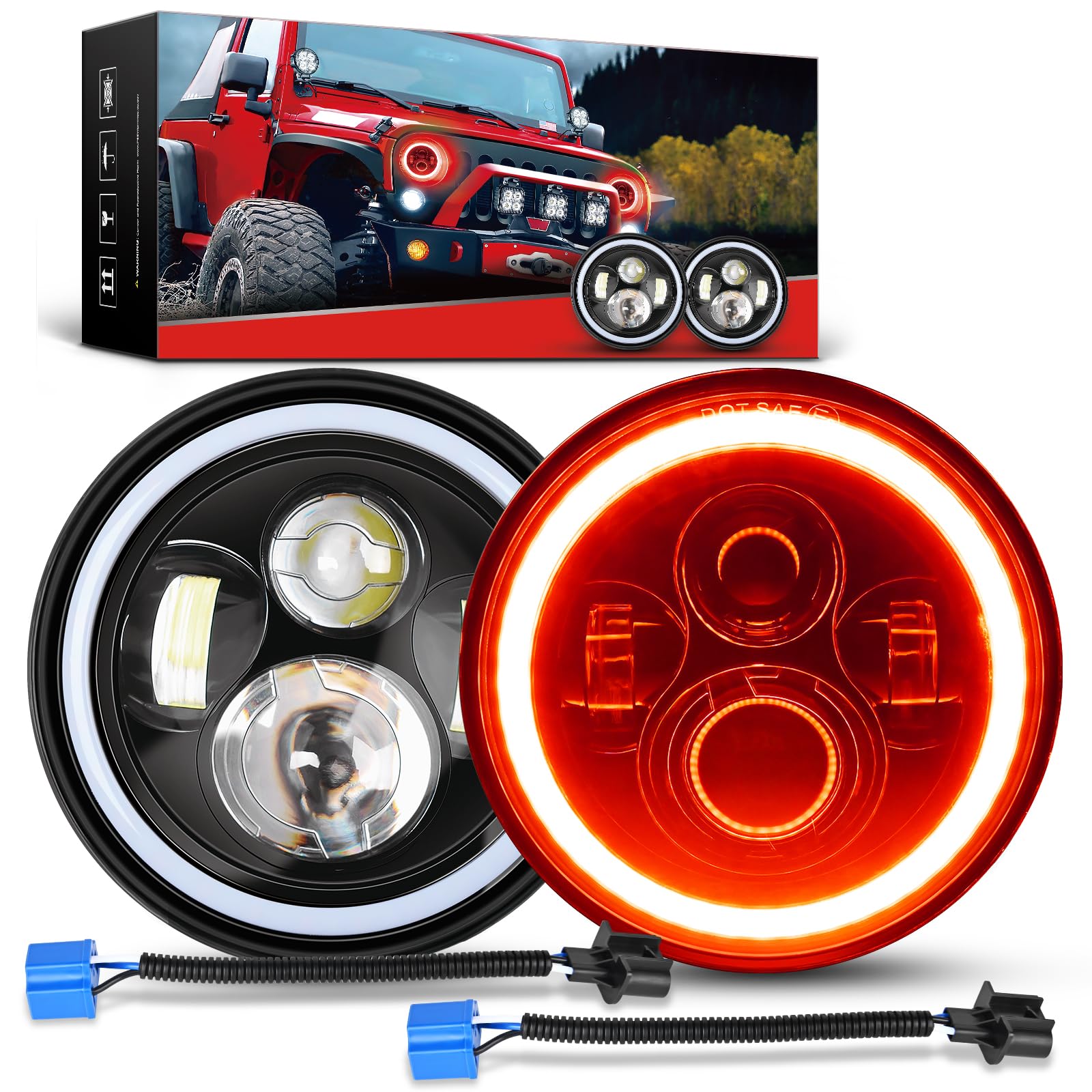 Nilight 2PCS 7 Inch LED Halo Headlights w/Turn Signal Amber Red DRL