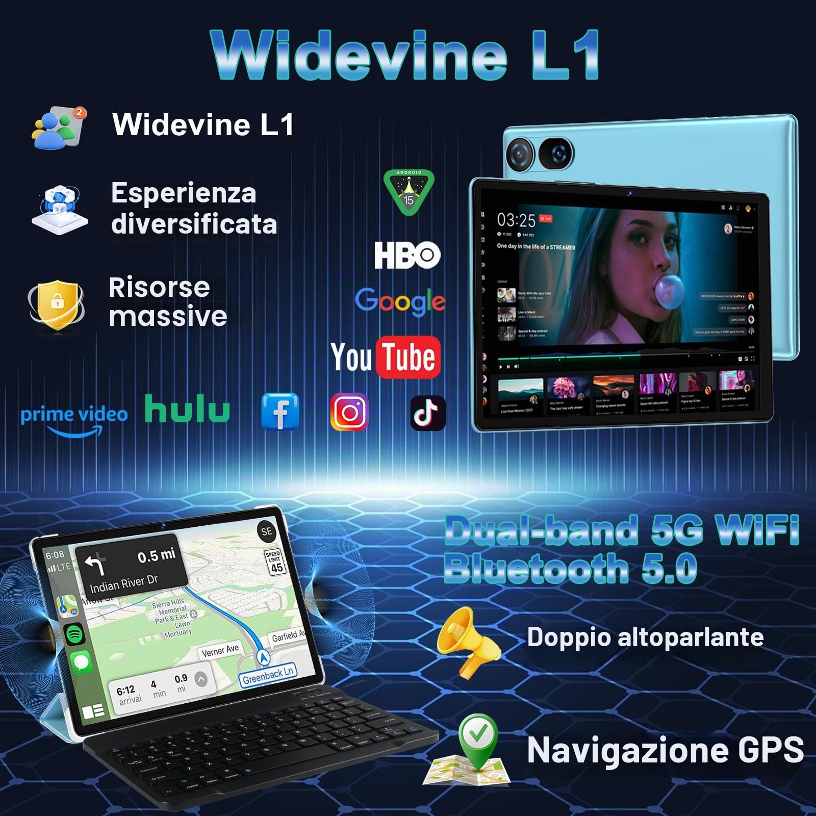 DMOAO Tablet 10 Pollici Android 15 con 30 GB RAM + 2TB ROM Espansione, FHD Tablet con Tastiera e Mouse, 5G Wi-Fi, GPS, Widevine L1, Octa-Core, USB-C, BT 5.0, 6000 mAh, 8MP+5MP, Gemini AI, Blu