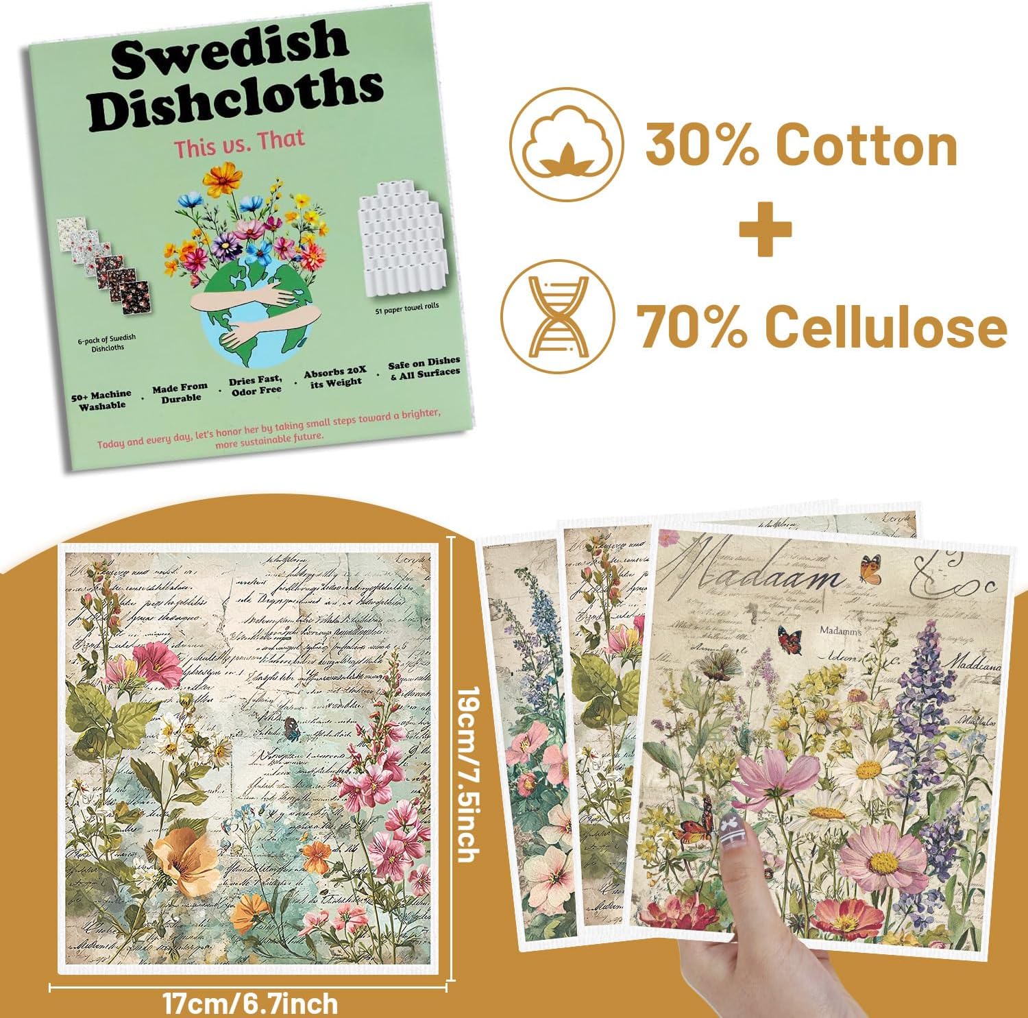 Floral Swedish Dishcloths for Kitchen, 6PCS Vintage Flower Swedish Dish Cloths Gift Set, Reusable Absorbent Cellulose Sponge Dish Towel for Home Cleaning(7.8 X 7 Inches) - Image 2