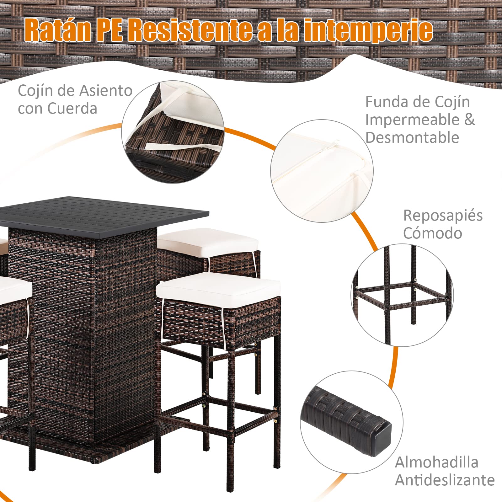 COSTWAY Juego de Bar de Mimbre para Exteriores de 5 Piezas, Mesas Altas y 4 Taburetes con Cojines, Mesa con Tapa Lisa y Estante de Almacenamiento Oculto