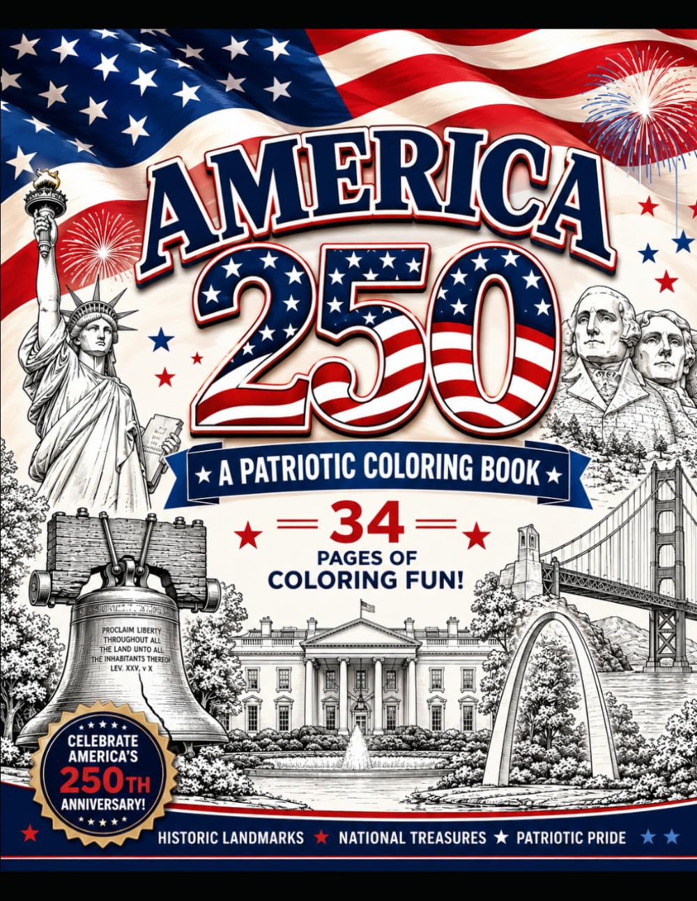 America 250 Coloring Book: Celebrate America's 250th Anniversary with 34 Pages of History, Heritage, and Patriotic Fun