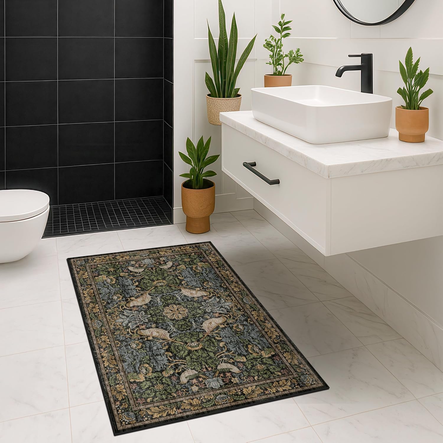 Washable Dark Vintage Floral Rugs for Entryway - Small 2x3 Washable Rug for Kitchen Bathroom Door Mat Indoor Entrance with Bird & Botanical Pattern, Brown Earthy Tones, Non Slip Low Pile - Image 3