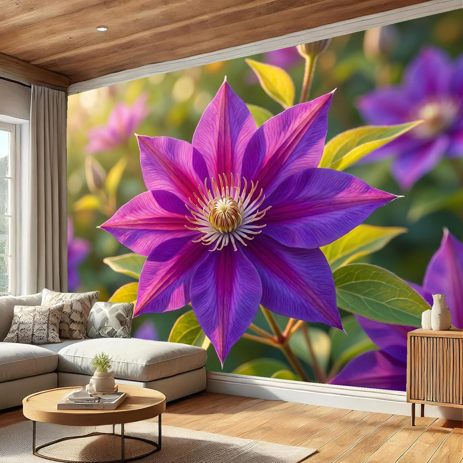 Papier peint panoramique violet pour masquer un mur nu et agrandir le salon