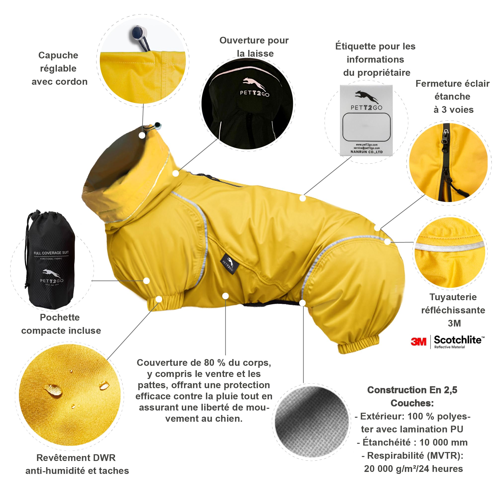 Manteau De Pluie Respirant pour Chien Corgi, Manteau avec Jambes, à Capuche, Passepoil Réfléchissant, Compactable - Aube dorée - S