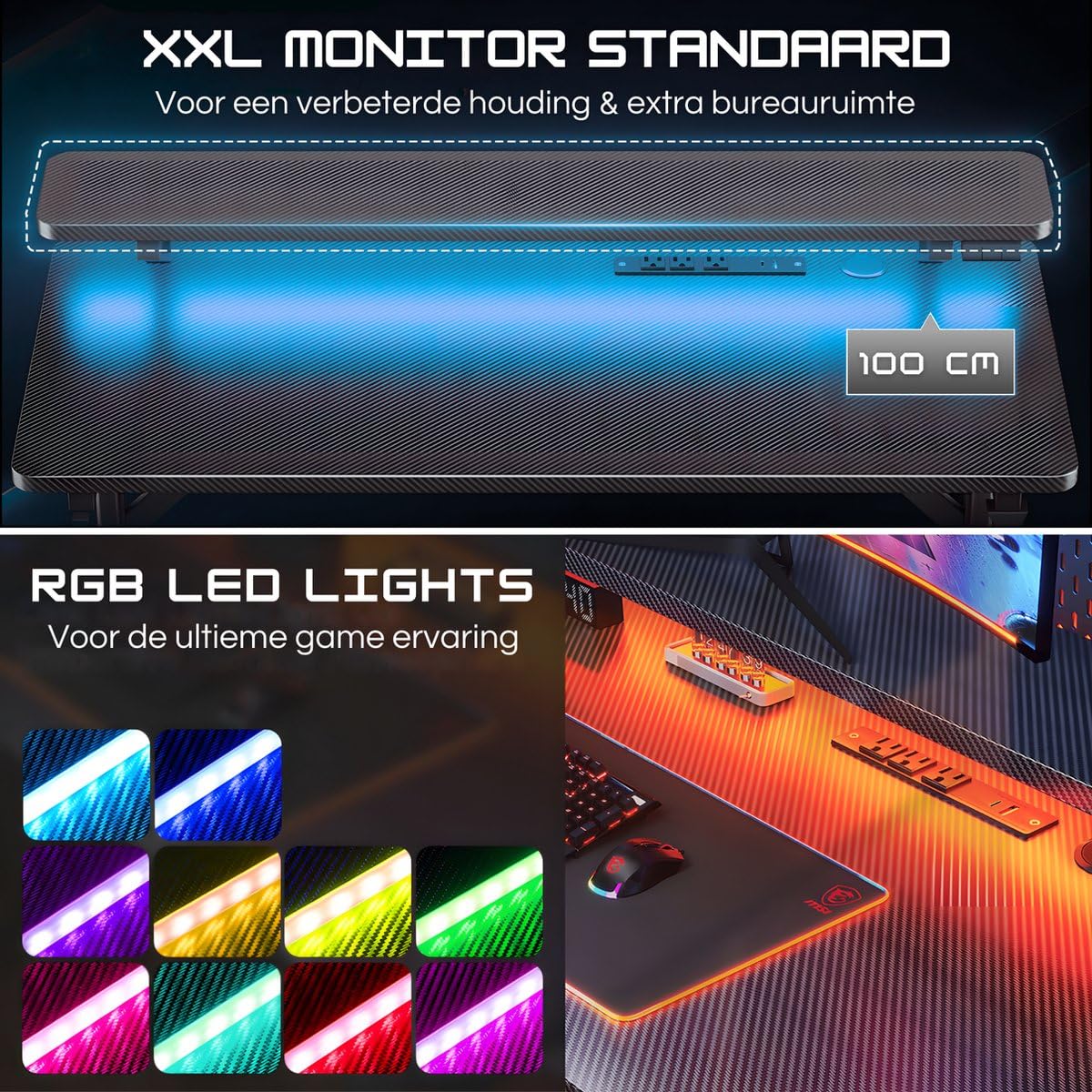 Five Stars® Escritorio Juego - 100x50x75 cm - Escritorio de juegos con luces LED - Carbono Negro - Gaming Desk - Mesa de Ordenador - RGB Iluminación LED