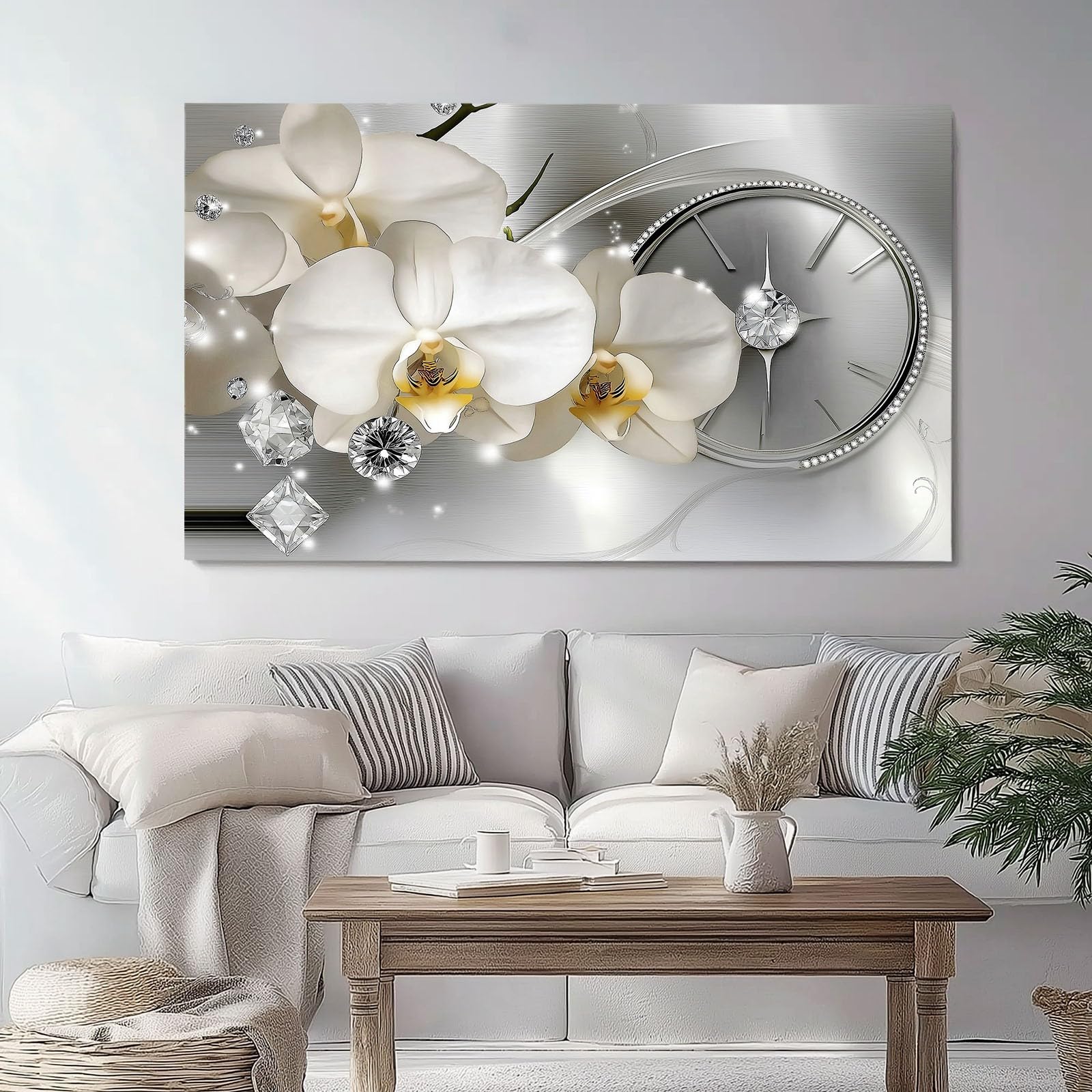 Moderno Elegante Fiori Diamanti Stampe Su Tela Bianco Quadro Moderno Soggiorno Decorazioni Camera Da Letto Bagno Cucina Ufficio Sala Da Pranzo Bar 100 x 70 cm Senza Cornice