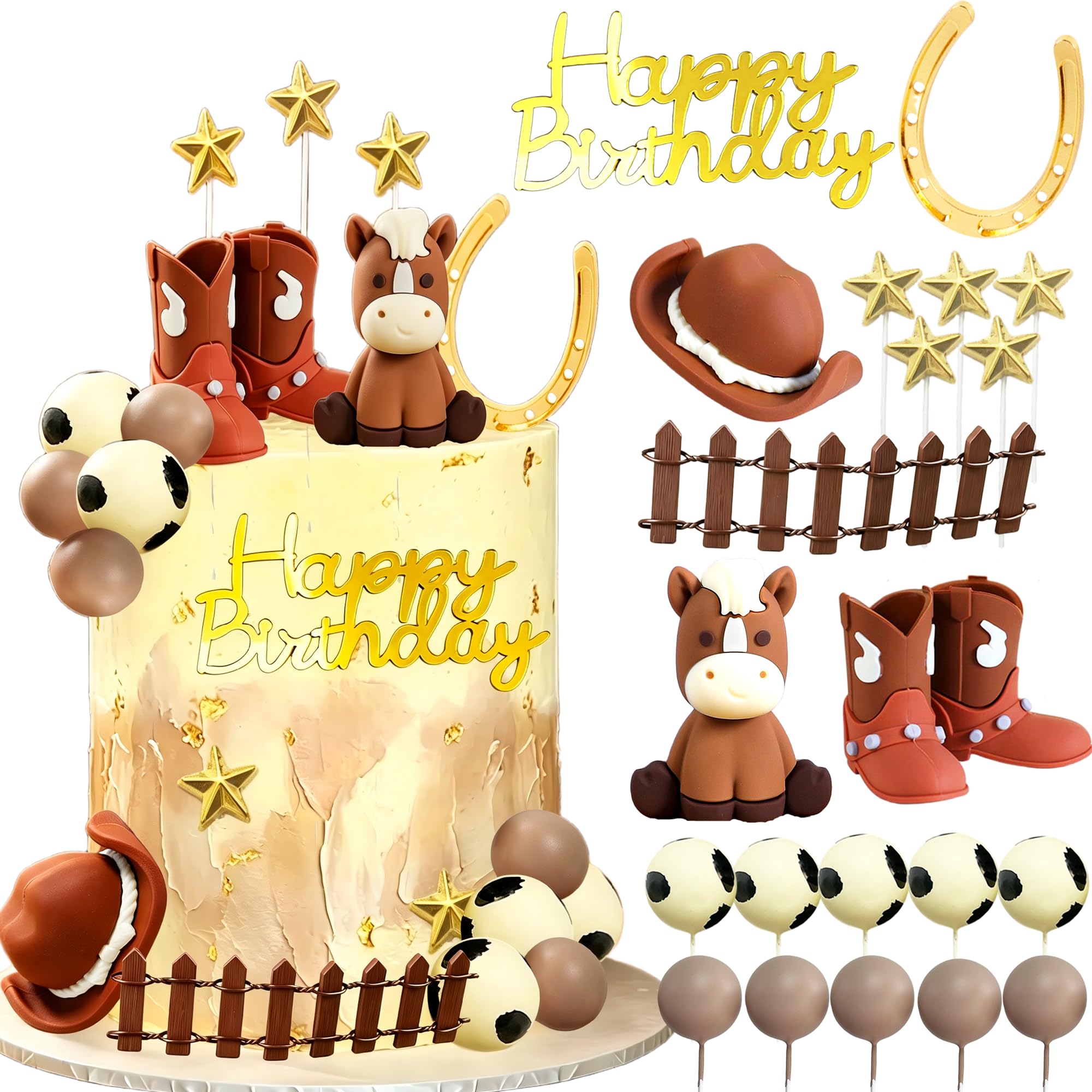 Tyotrbs 3D Cowgirl Happy Birthday Cake Topper Cowboy Hat Boots Cake Decoration for Western Theme Babyshower Birthday Party Cake Decorations (brown2)