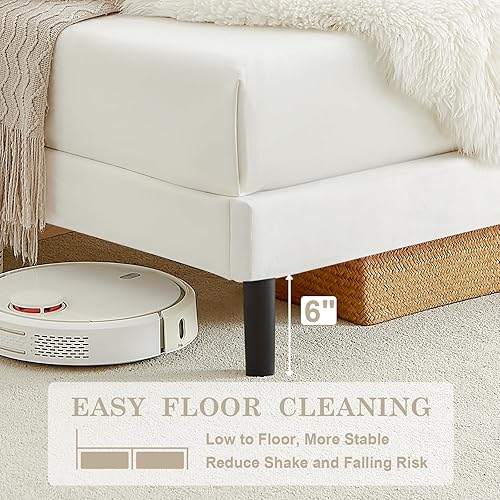 Miniatura 12 de Flolinda Base de cama tamaño King con cabecera tapizada de terciopelo ajustable y soporte de listones de madera, base de colchón tapizada, no