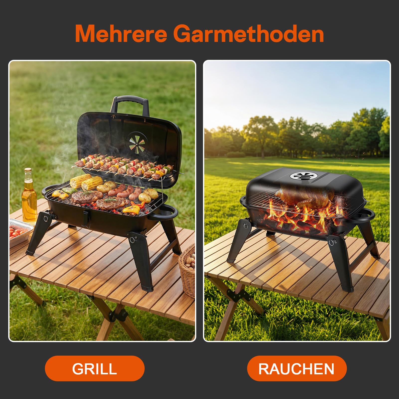 ERWEY Grill kempingowy, przenośny grill na węgiel drzewny, funkcja 2 w 1 jako grill i piekarnik, grill składany z drewnianą rączką do użytku na kempingu, na świeżym powietrzu i w ogrodzie, czarny