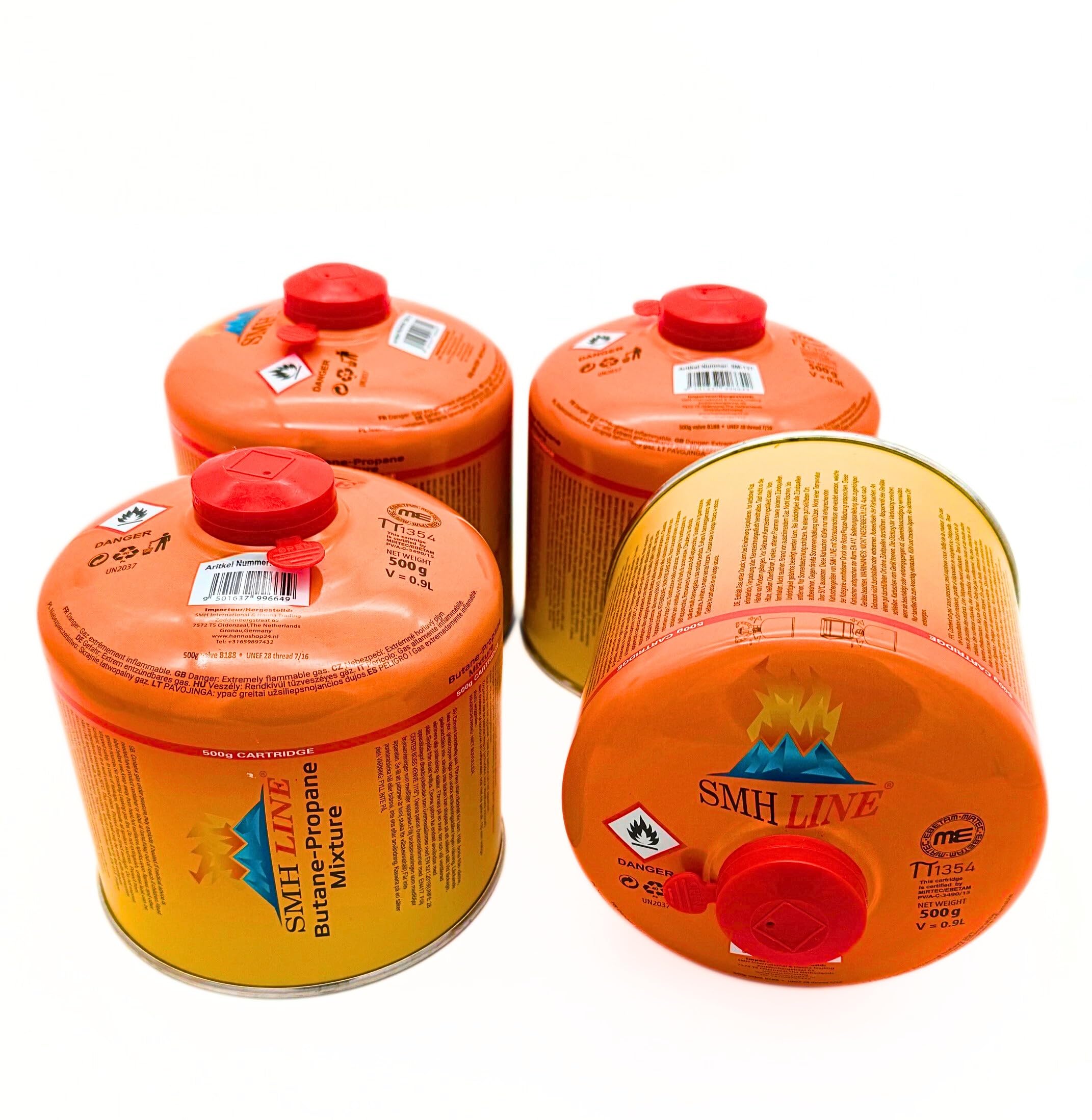 SMH LINE® 4x 500g Schraubkartusche Butan Propan Gas Schraubventil Universalgewinde 7/16 Gaskartuschen Ventil EN 417 Bunsenbrenner Campingkocher Grill Gaskocher Gasheizung Lötbrenner