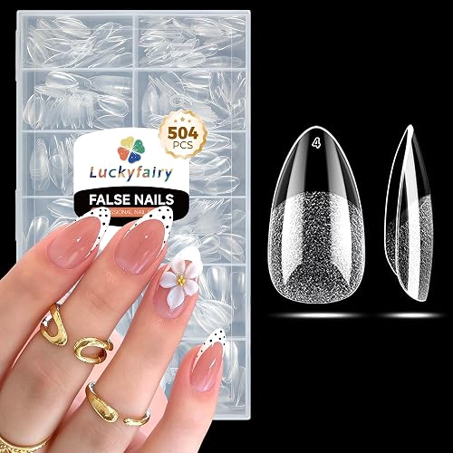 Luckyfairy Short Almond Nail Tips: 504pcs Pre-Etched Soft Gel Nail Tips, Tri-Layer Core Short Fake Nails, 12 Sizes Half Matte Full Cover Clear Press on Nails Extension DIY for Flat & Natural Nail Beds