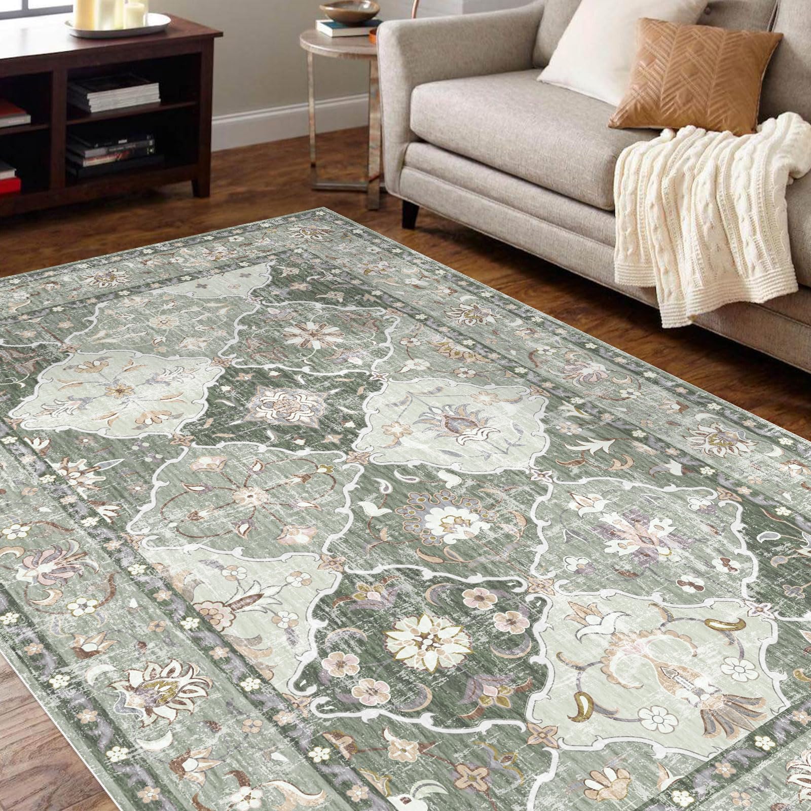 Season wind Boho Vintage Area Rugs 4×6 Washable Non-Slip Traditional Green Area Rug for Living Room Bedroom Dining Room and Kitchen