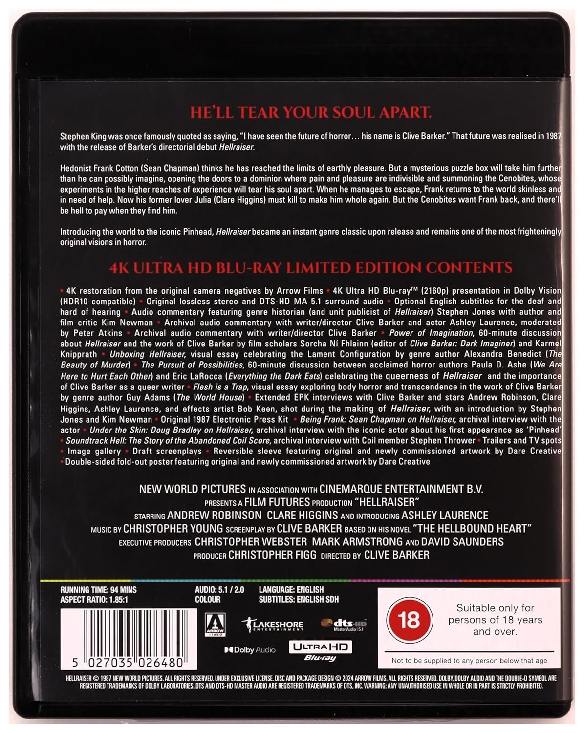 Hellraiser Limited Edition 4K Ultra HD Blu-ray, Dolby Vision, with Poster, Reversible Sleeve and Special Features