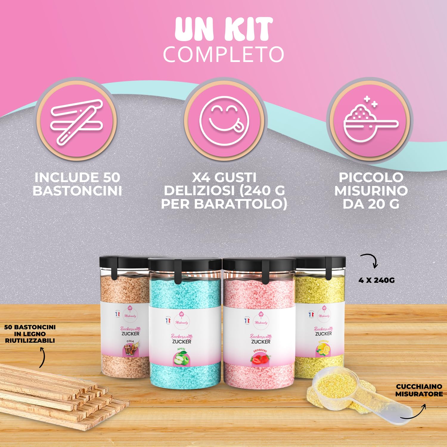 Misskandy® zucchero filato per macchina - Confezione da 4 * 240Gr - (Aromi naturali): Aromi: Fragola/Mela/Cola/Lemonio/Polvere di zucchero+ 50 bastoncini (gratis)