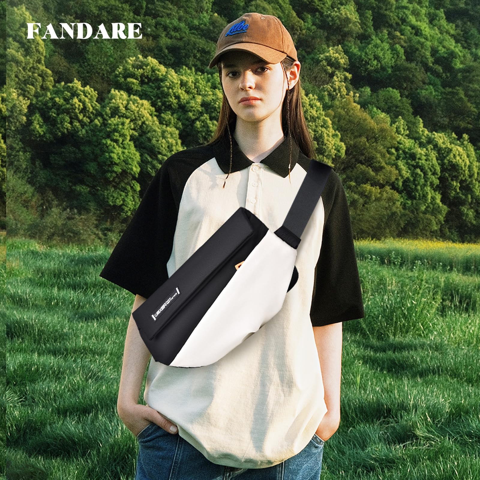 FANDARE Casual Sling Crossbody Shoulder Bag Backpack for Men Personal Flex Bags with Tripod Holder Strap Lightweight Chest Pack Everyday Carry Pack for Tactical Travel Work Black White