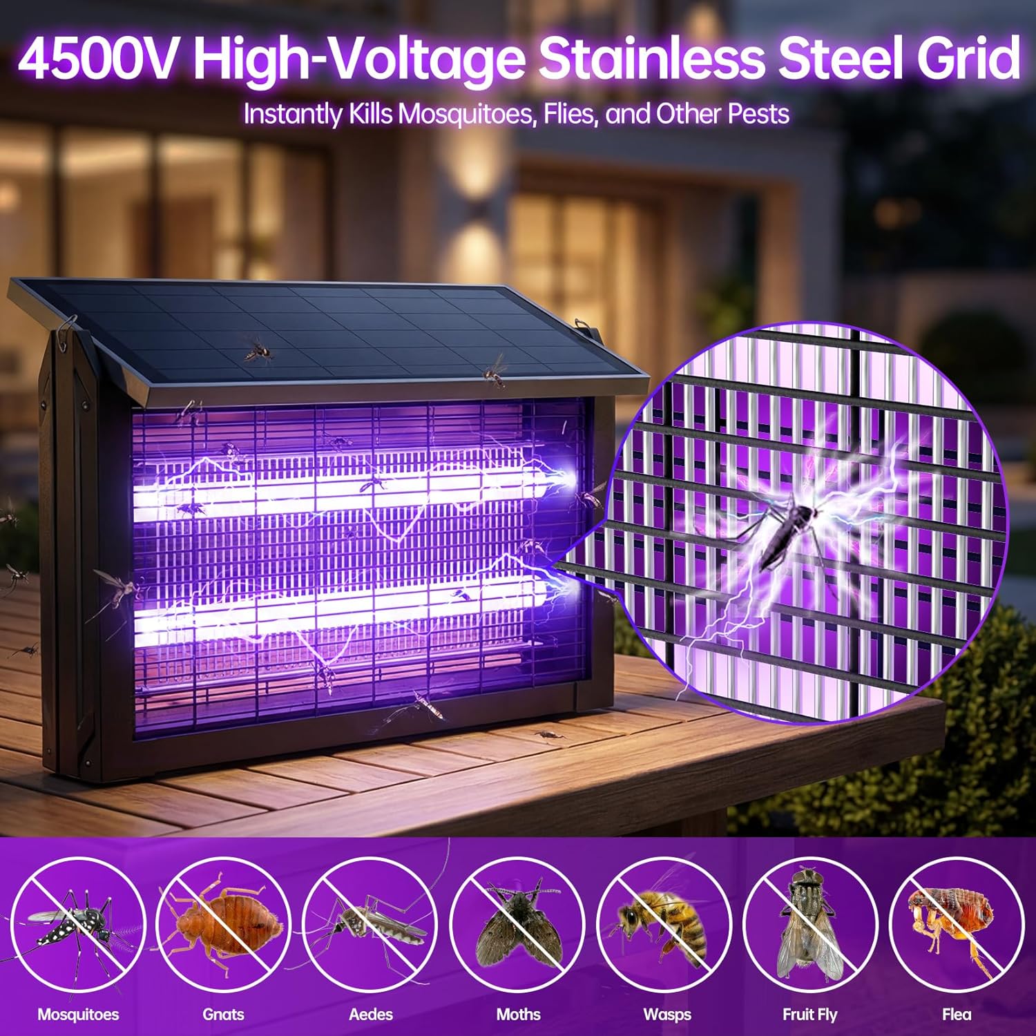 Solar Powered Mosquito Zapper, 4500V Outdoor Bug Zapper with 15W Solar Panel, Waterproof Cordless Electric Fly Zapper Rechargeable Mosquito Killer Lamp for Backyard, Patio