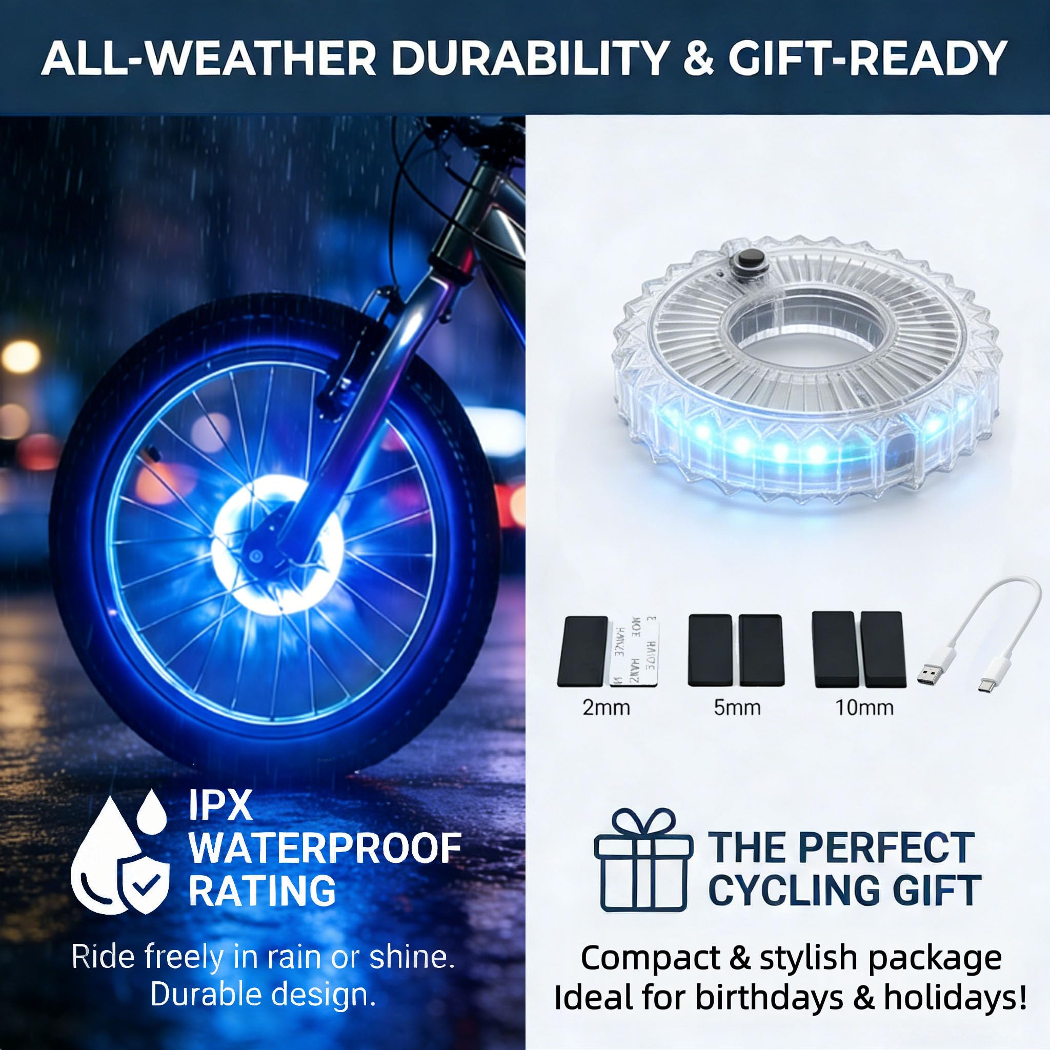 HANZE Lumières rechargeables pour roue de vélo – 9 couleurs, 21 modes d'éclairage, moyeu lumineux à DEL, autonomie de 20 heures, accessoires de sécurité pour pneus de vélo, lumières de rayons cool