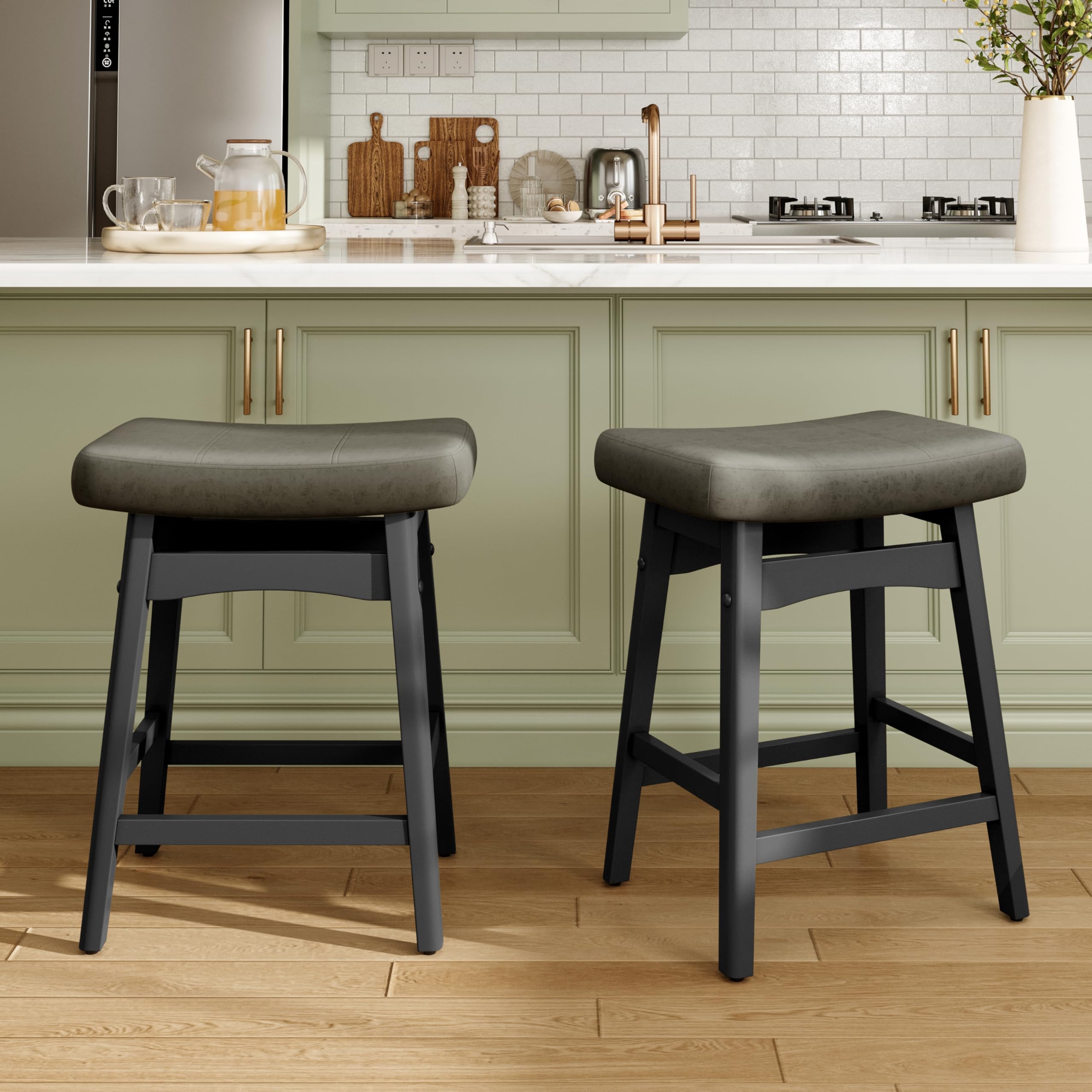 MAISON ARTS Grey Counter Height Bar Stools Set of 2 for Kitchen Counter Solid Wood Legs with Faux Leather Saddle Seat Farmhouse Barstools for 34"-40" Counter Island Upholstered Stools, 24in Height