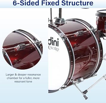 Mendini by Cecilio Drum Set, 5 Piece 16 Inch Junior Drums Kit with Bass, Toms, Snare Drum, Cymbal, Hi-Hat, Drumsticks & Seat for Beginner (Metallic Red)
