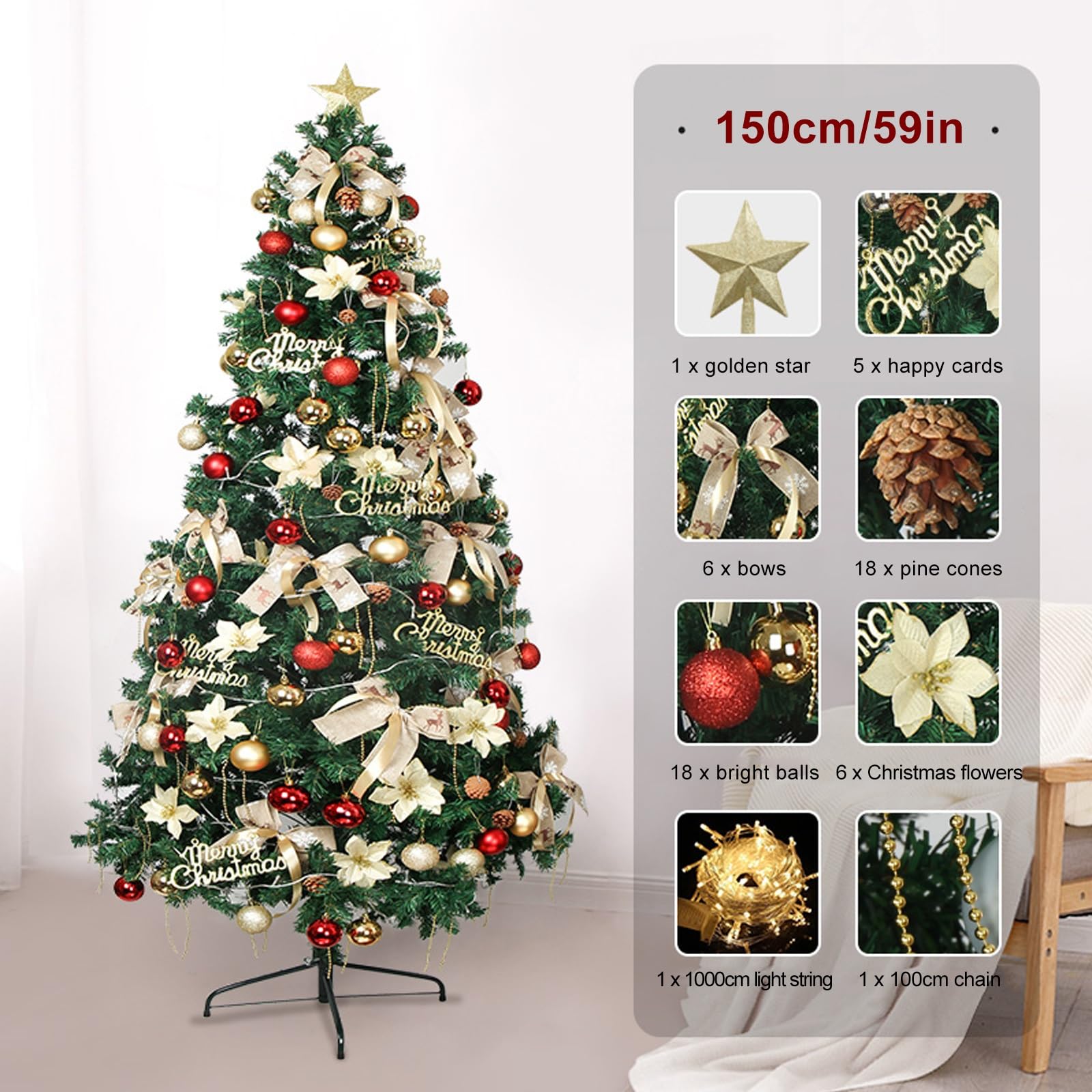 Albero Natale Preilluminato, Alberi di Natale Artificiali, Facile da Montare, Decorazioni con Fiocchi, Palline, Pigne, Fiori di Natale, Ecc., Decorazioni Natalizie per la Casa(5ft)