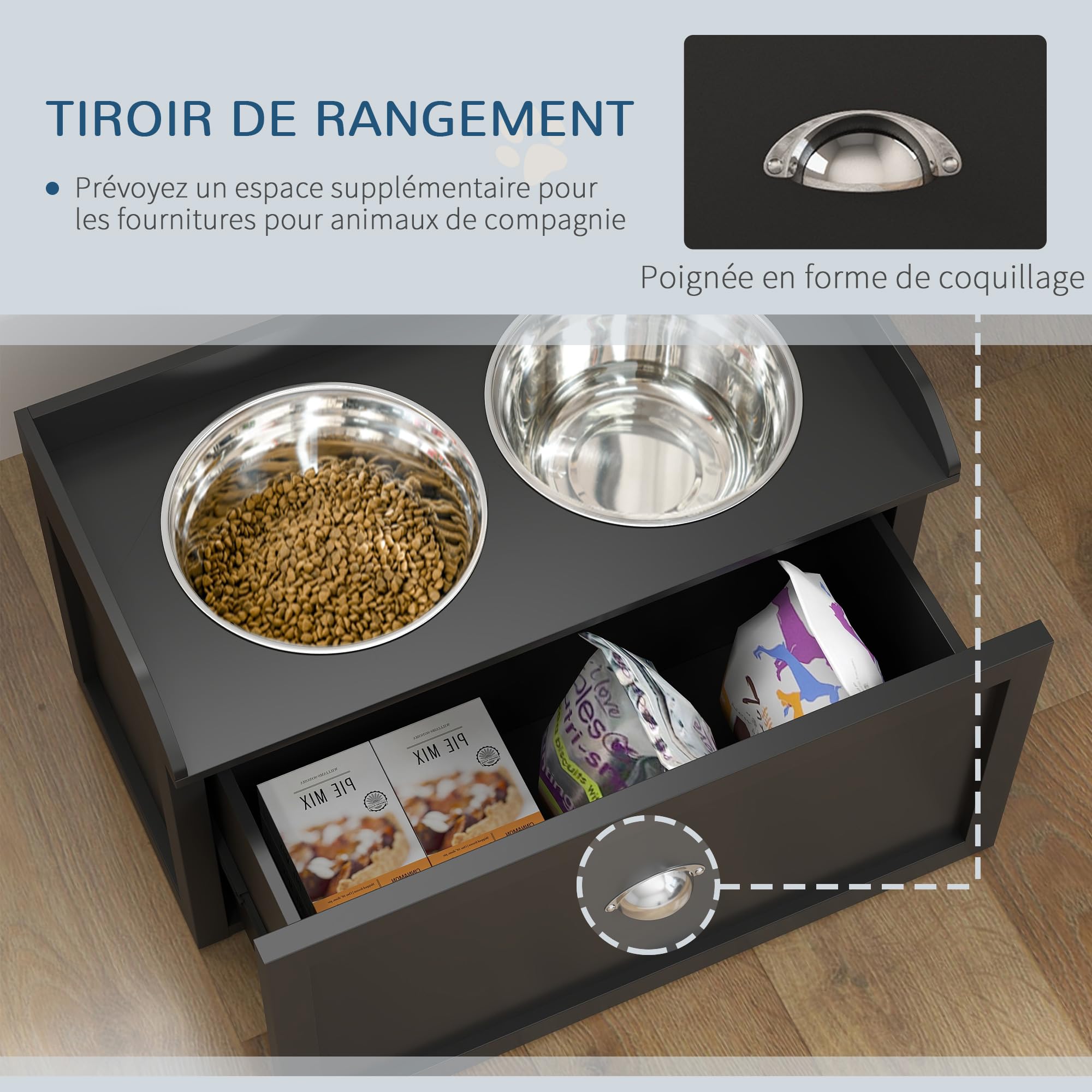 PawHut Gamelles Chiens Surélevées Rangement 2 en 1 Tiroir 2L Noir
