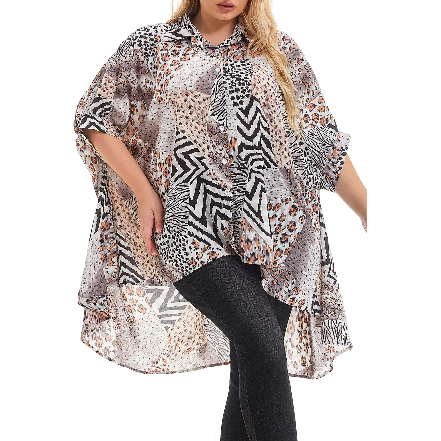 MLTULTUL Women's High Low Shirts Plus Size Short Sleeve Blouse Print Button Down Tops Oversized Tunics Leopard