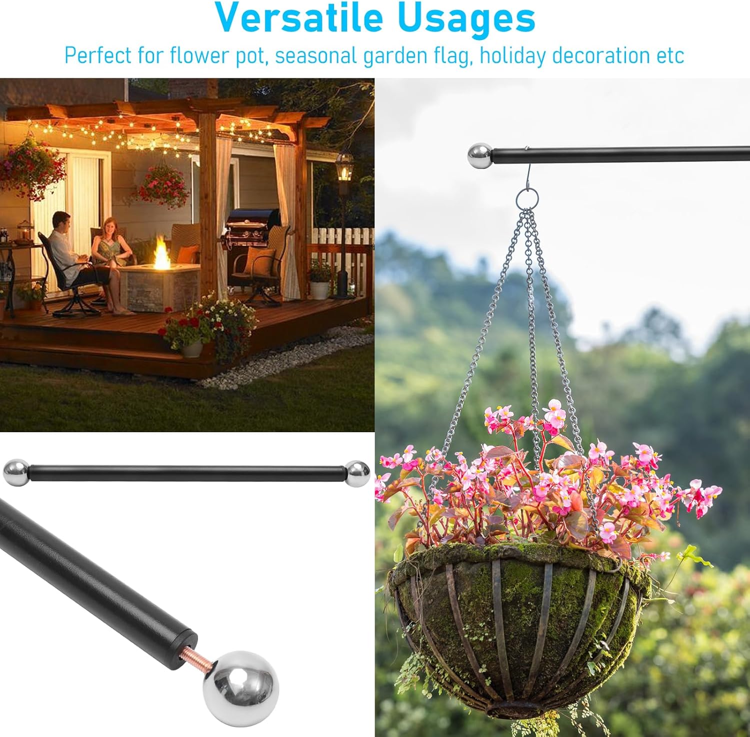 2 Pack Replacement Cross Arm, 16 Inch Outdoor Lamp Post Cross Arm with Screw End Balls, Easy to Fix Black Pole End Lamp for Garden Flags, Hanging Basket, Sign Boards, Holiday Decoration