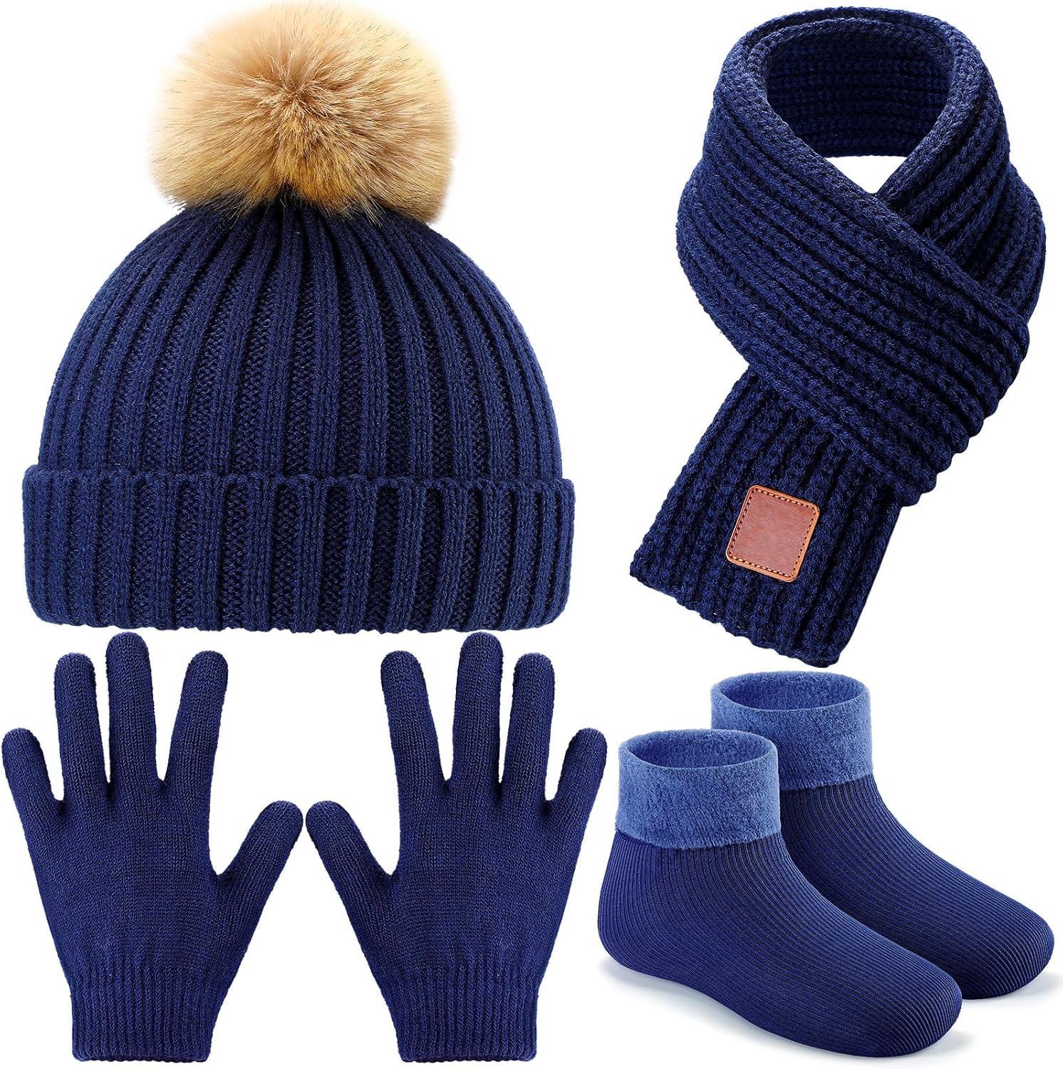 4 Pieces Kids Beanie Hat Scarf Gloves Socks Set Knit Winter Warm Set for Toddler Boys Girls