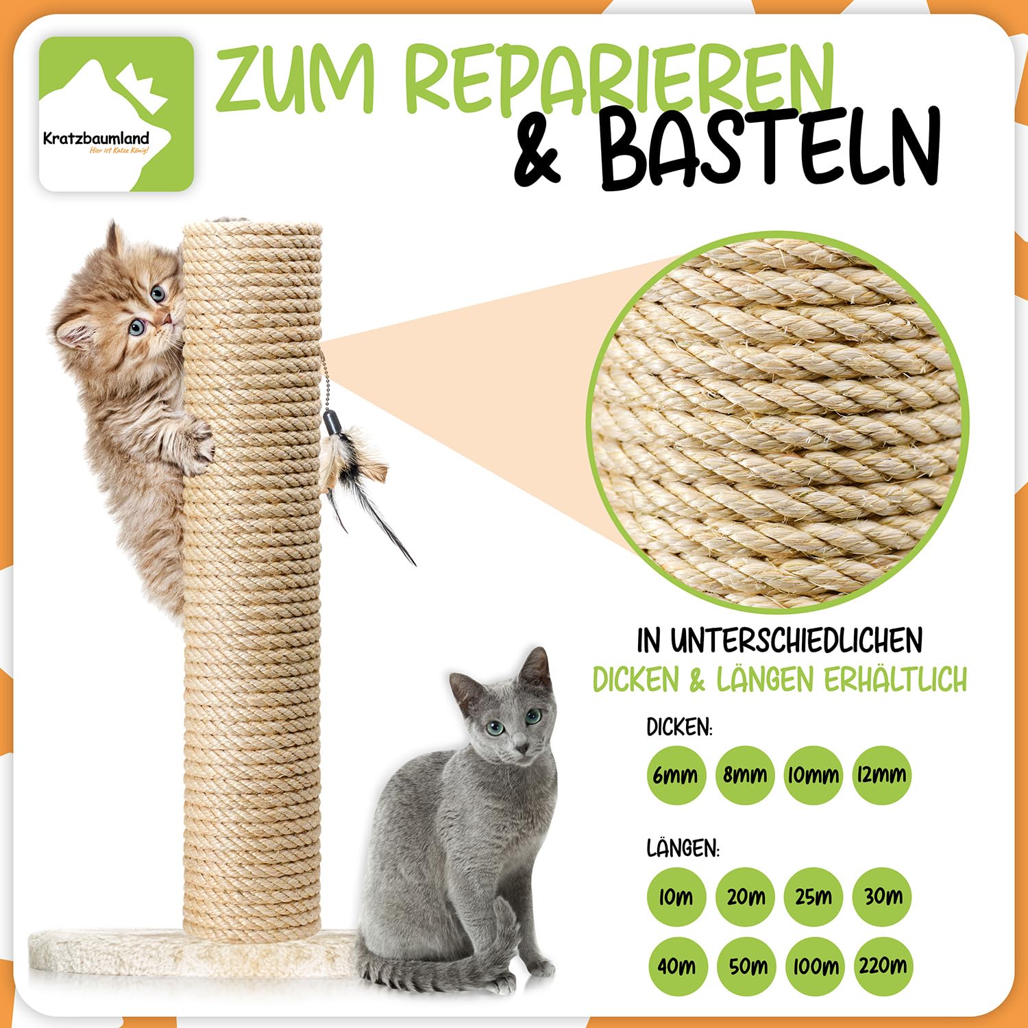 Cuerda de sisal de 10 mm para rascar, cuerda de árbol de gato (diferentes longitudes).
