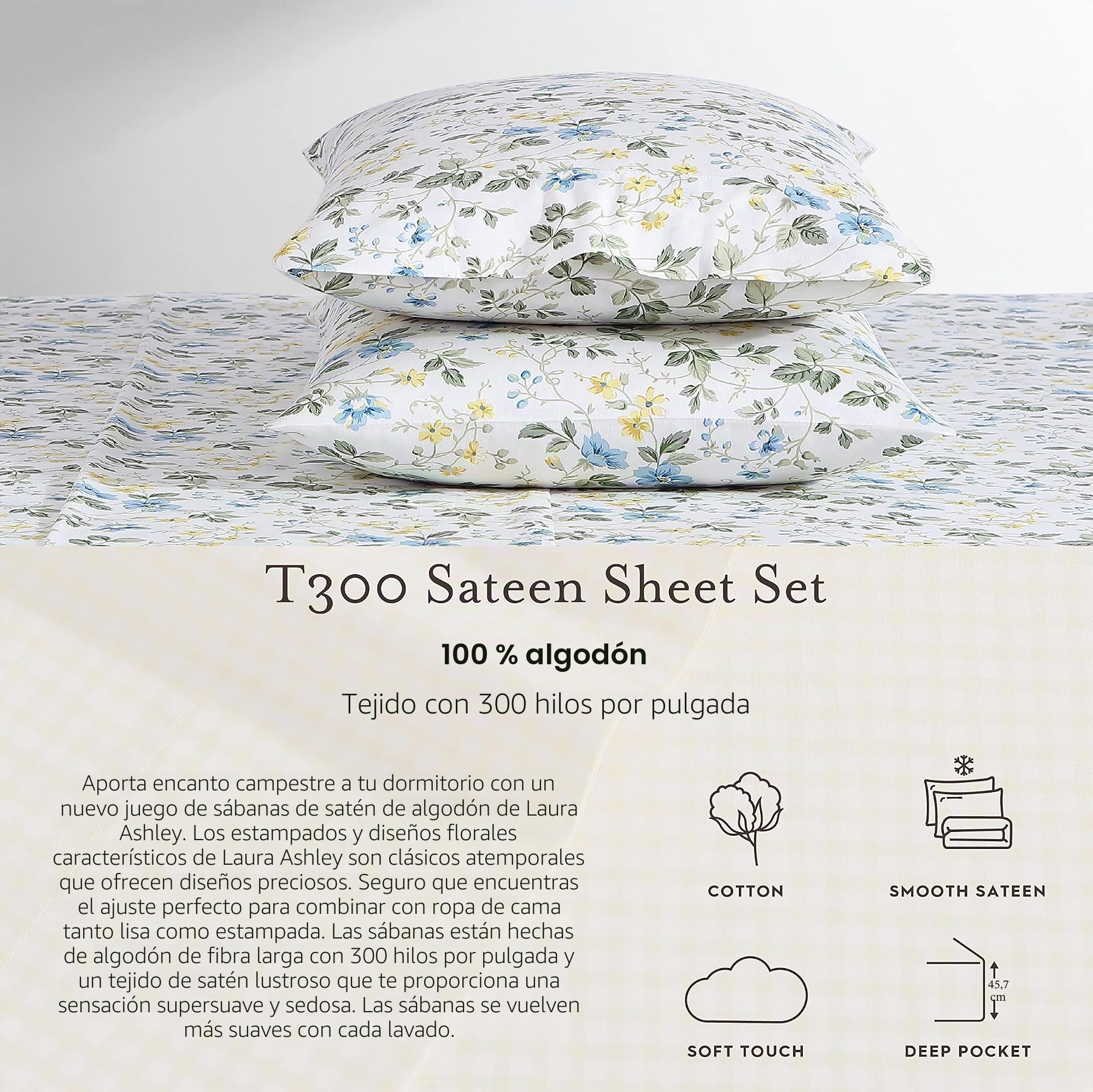 Laura Ashley Juego de Ropa de Cama de algodón Satinado Suave, Elegante, Suave y Transpirable, decoración del hogar, Garden Palace Azul/Blanco, tamaño Queen