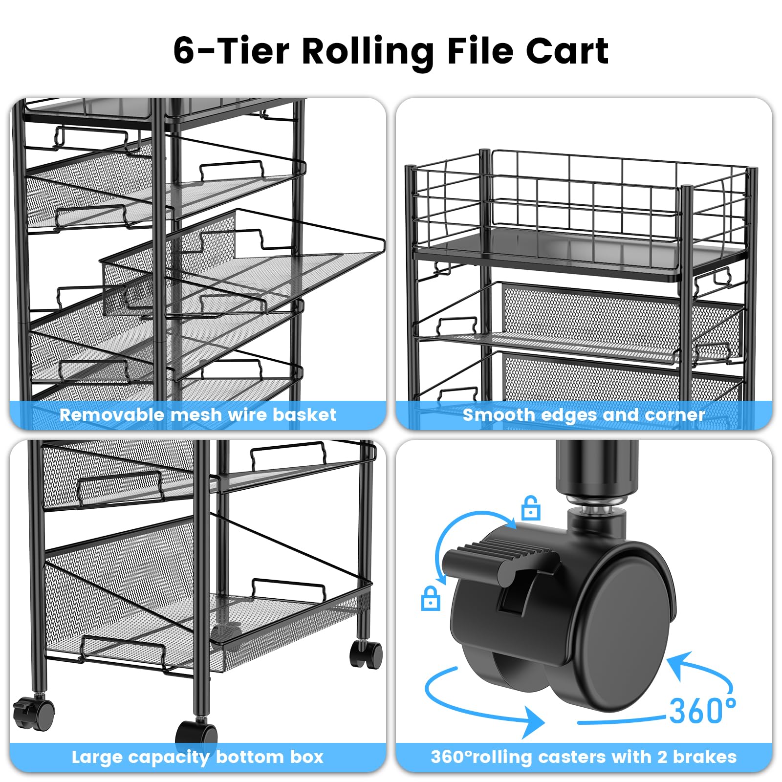 Chariot de Rangement à roulettes pour Livre et Magazines, Mobile 6 Miveaux Métallique Stockage Cart Gain de Place pour Bureau étude Bibliothèque école (Noir)