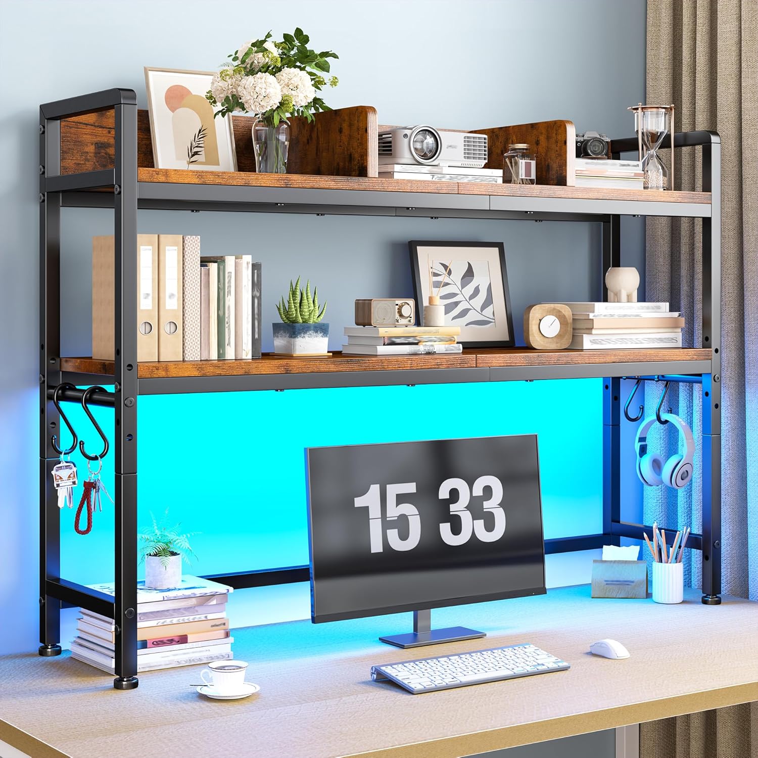 REIBII 35.5" Desk Shelf with LED Lights and Hooks,2-Tier Adjustable Multipurpose Solid Wood Desk Hutch Dorm,Desktop Organizer Rack with 3 Display Rack for Dorm,Office Home,Rustic Brown