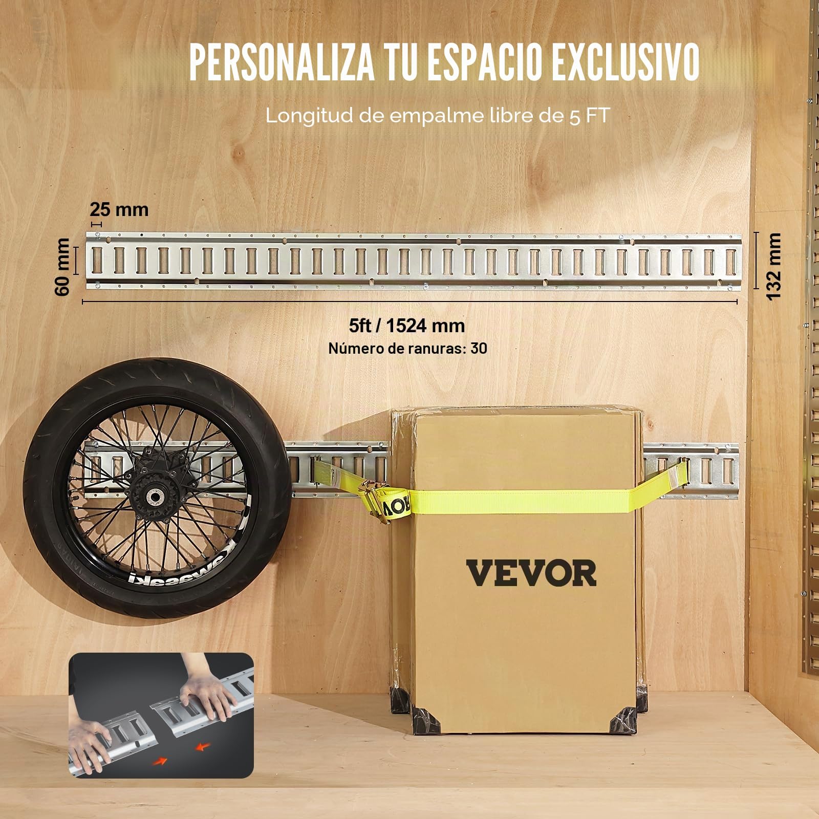 Vevor El Juego Incluye 8 rieles de Acero y 2 Anillos de Amarre de una Sola Ranura con Tapas de Extremo de Anillo en D, Accesorios de Seguridad de Carga, Motocicletas y Bicicletas, Kit de rieles de