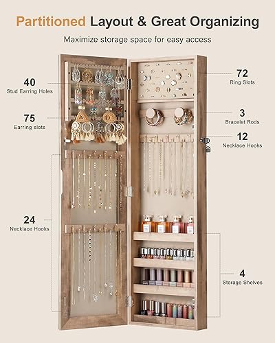 Miniatura 10 de Nicetree Armario de joyería con espejo de 8 LED organizador de armario de joyería con espejo de pantalla completa montaje en paredpuerta espejo de