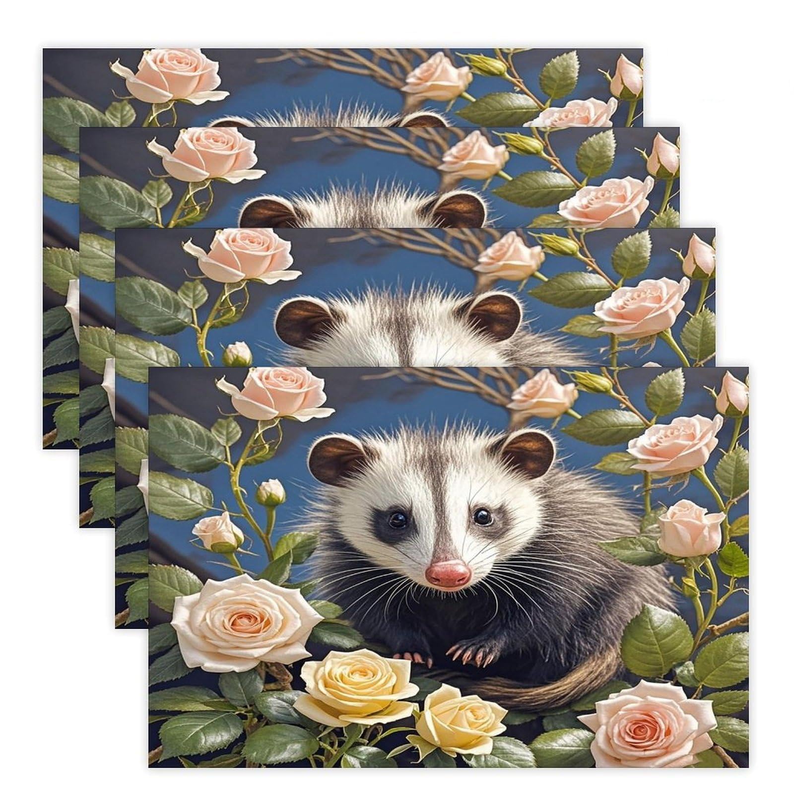 Opossum and Roses Placemats Flax Place Mats for Dining Table Rectangle Non-Slip Table Mats Heat Resistant Washable Placemat for Kitchen Home Decor Party Outdoor 12" X 18"