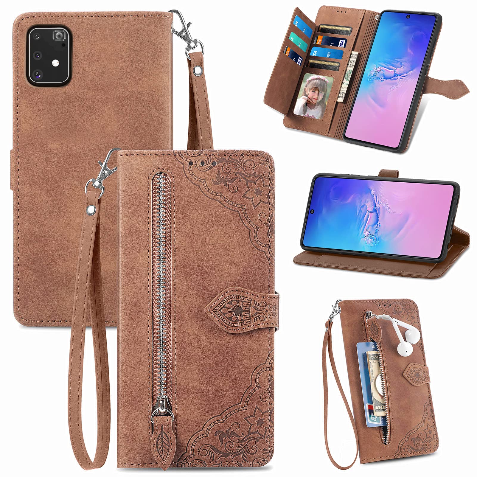 Compatible with Samsung Galaxy S10 Lite Wallet Case with Wrist Strap Lanyard Leather Flip Card Holder Stand Cell Accessories Folio Purse Credit ID Phone Cover for S10lite S 10 10s A91 Brown