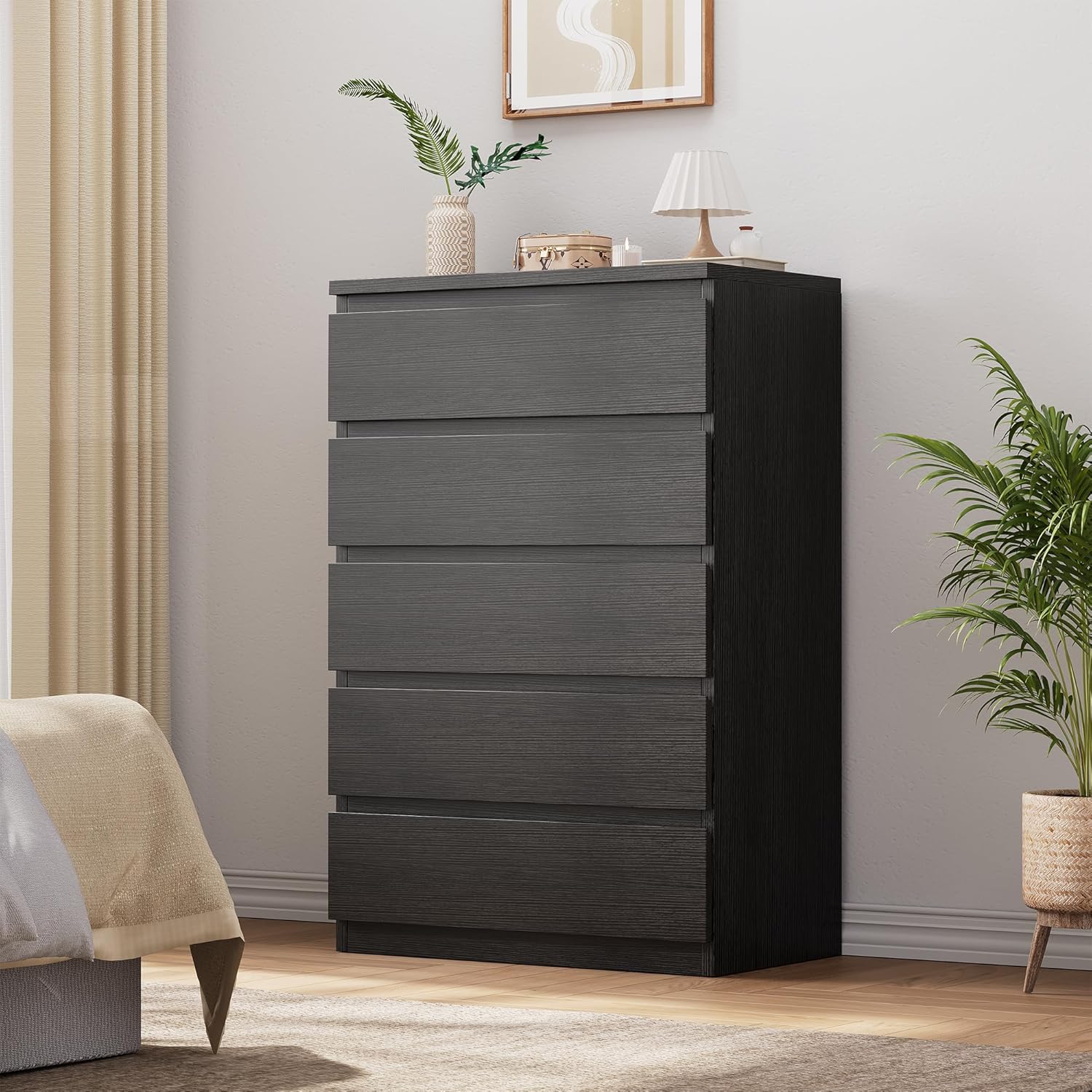 black 5 drawer dresser for bedroom, 15" d x 23.7" w x 40.4" h in simply modern chest of drawers, wood storage dresser with deep drawers for living room hallway entryway, black