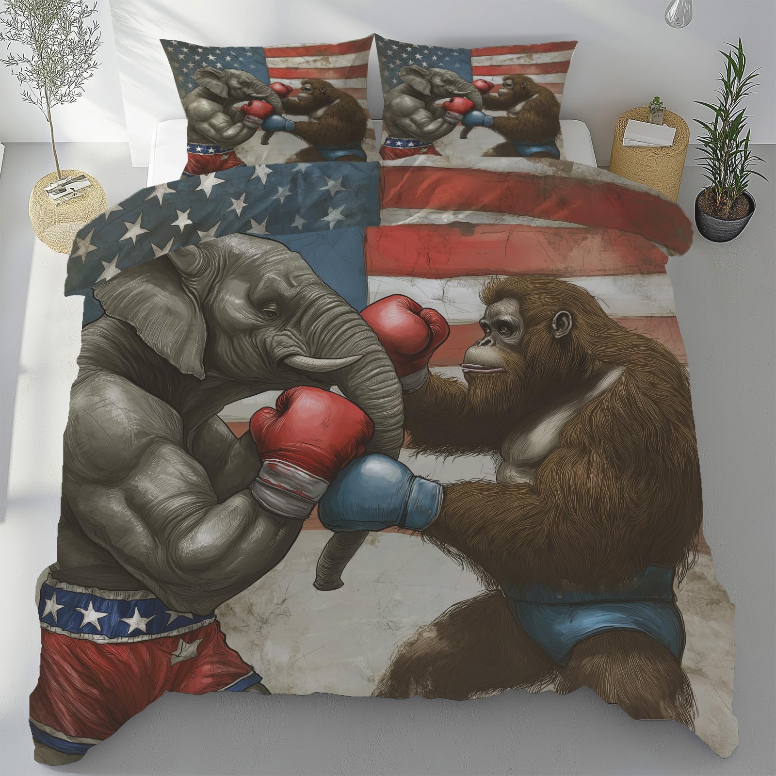 Parure de lit 2 personnes 280x240 anti-plis imprimé gorille éléphant de boxe