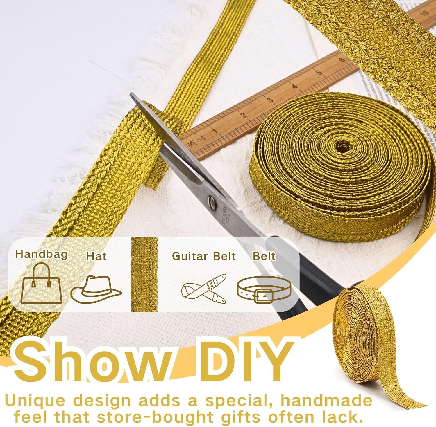 PEARLY JUN 20 Yards 2CM Gold Ribbon Jacquard Ribbon Trim Fabric Trim Embroidered Woven Fabric DIY Sewing Crafting Embellishments Clothing Home Decor Gift Wrapping
