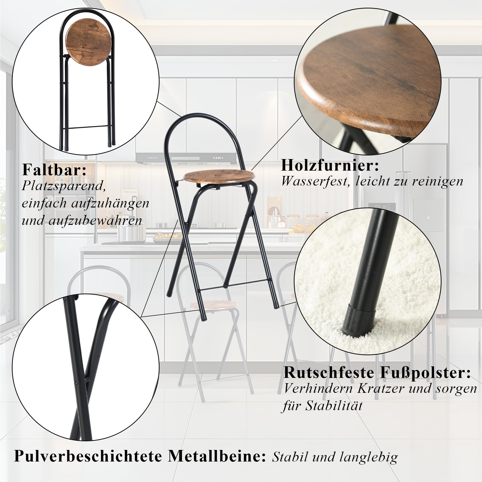 Tabouret Haut de Bar Pliant 1 Pièce, Tabouret et Chaise de Bar Haute Pliante Pliable avec Dossier pour Exterieur Interieur Camping Jardin Balcon Salon/Assise Marron/Hauteur D'Assise 55CM