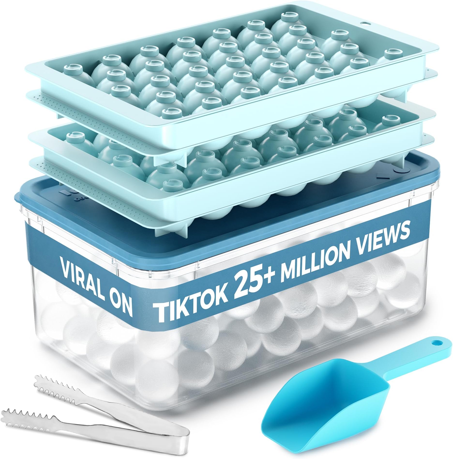 IcediverIce Cube Tray, Round Ice Trays for Freezer with Lid and Bin, Circle Ice Mold Making 66 x 1.0IN Small Ice Balls, Sphere Ice Makers with Ice Buckets Tongs & Scoop (Blue)