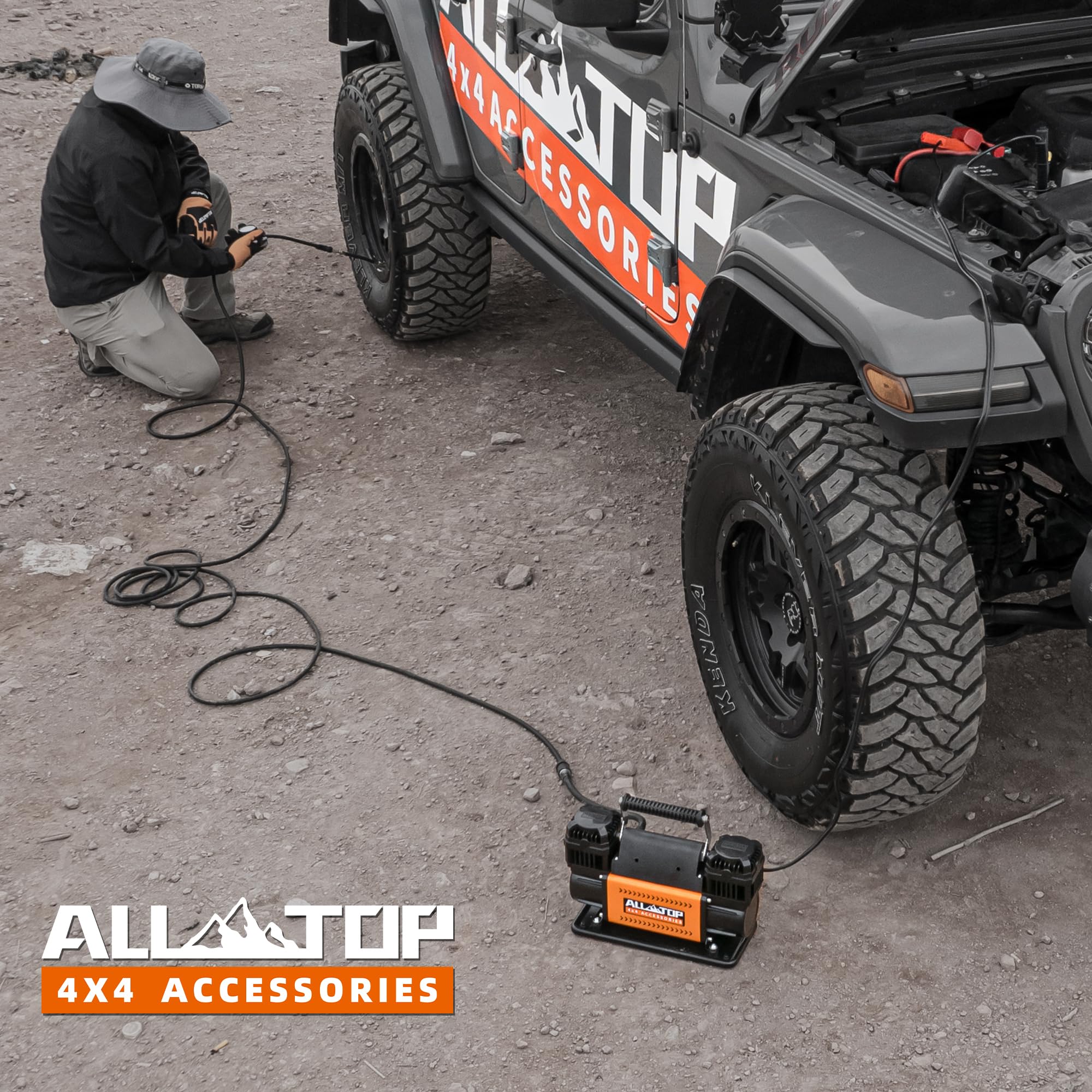ALL-TOP Zestaw sprężarki powietrza, podwójny cylinder, przenośny nadmuchiwacz 12 V, 12,35 ft³/min, pompa sprężarki powietrza offroad do opon ciężarowych, wytrzymała maks. 150 PSI do pojazdów 4 x 4 i