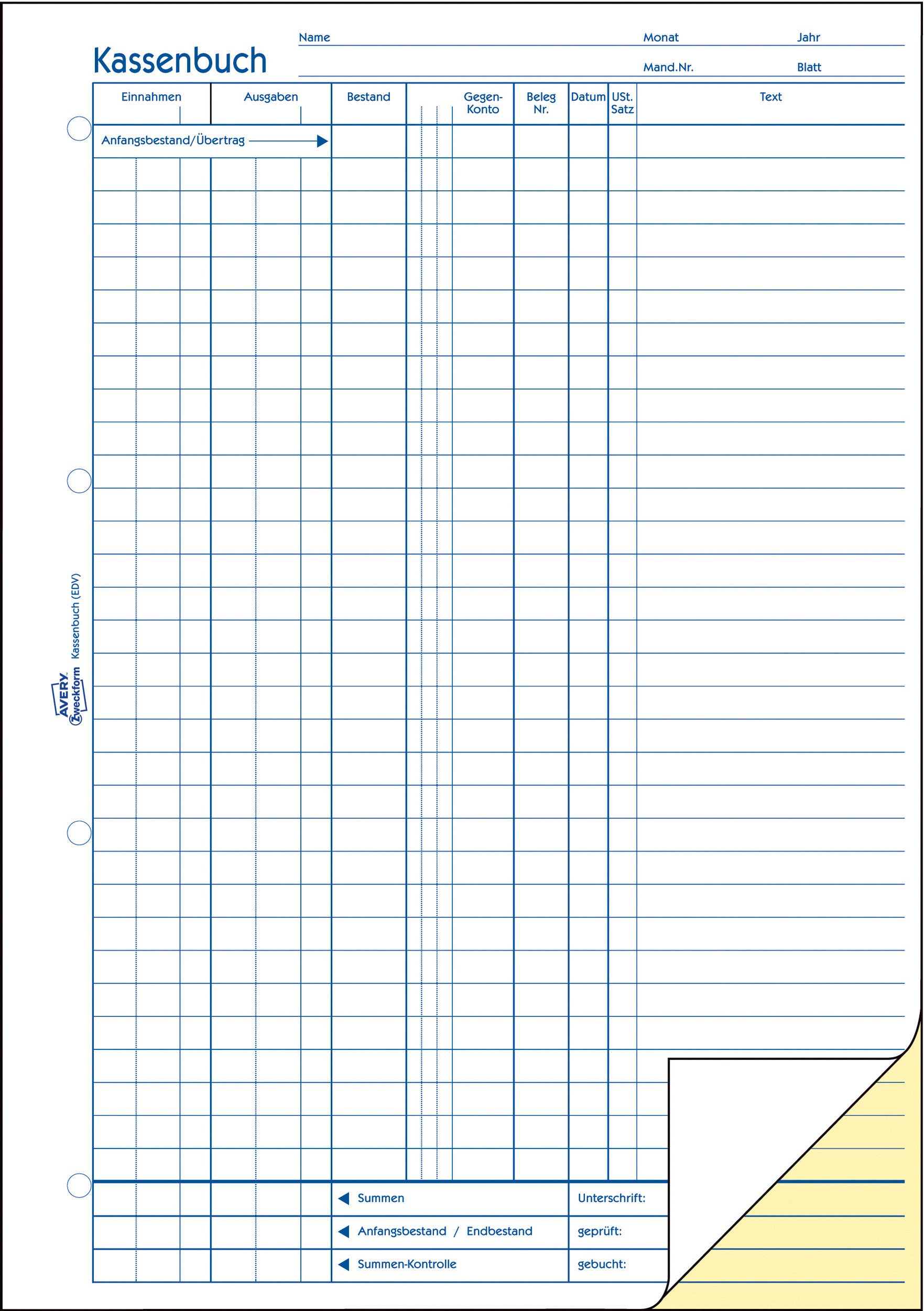 AVERY Zweckform 1756 Kassenbuch weiß/gelb & 307 Zählprotokoll für offene Ladenkassen weiß