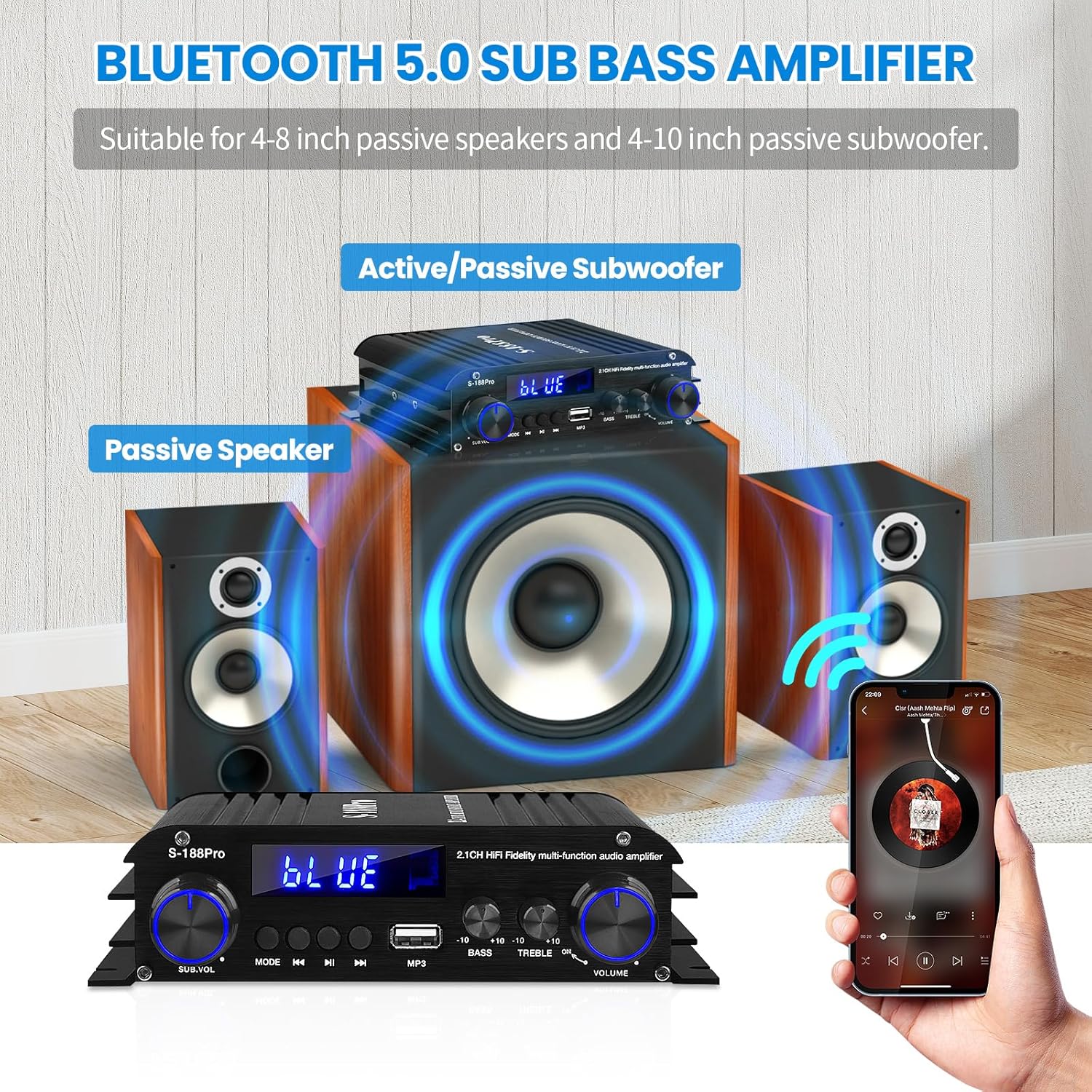 2.1 Channel Stereo Audio Amplifier,300Wx2+360W Home Audio Bluetooth 5.0 Stereo System, USB/AUX Input, Bass Treble & Subwoofer Control, Remote Control, for Home Theater, TV, Speakers