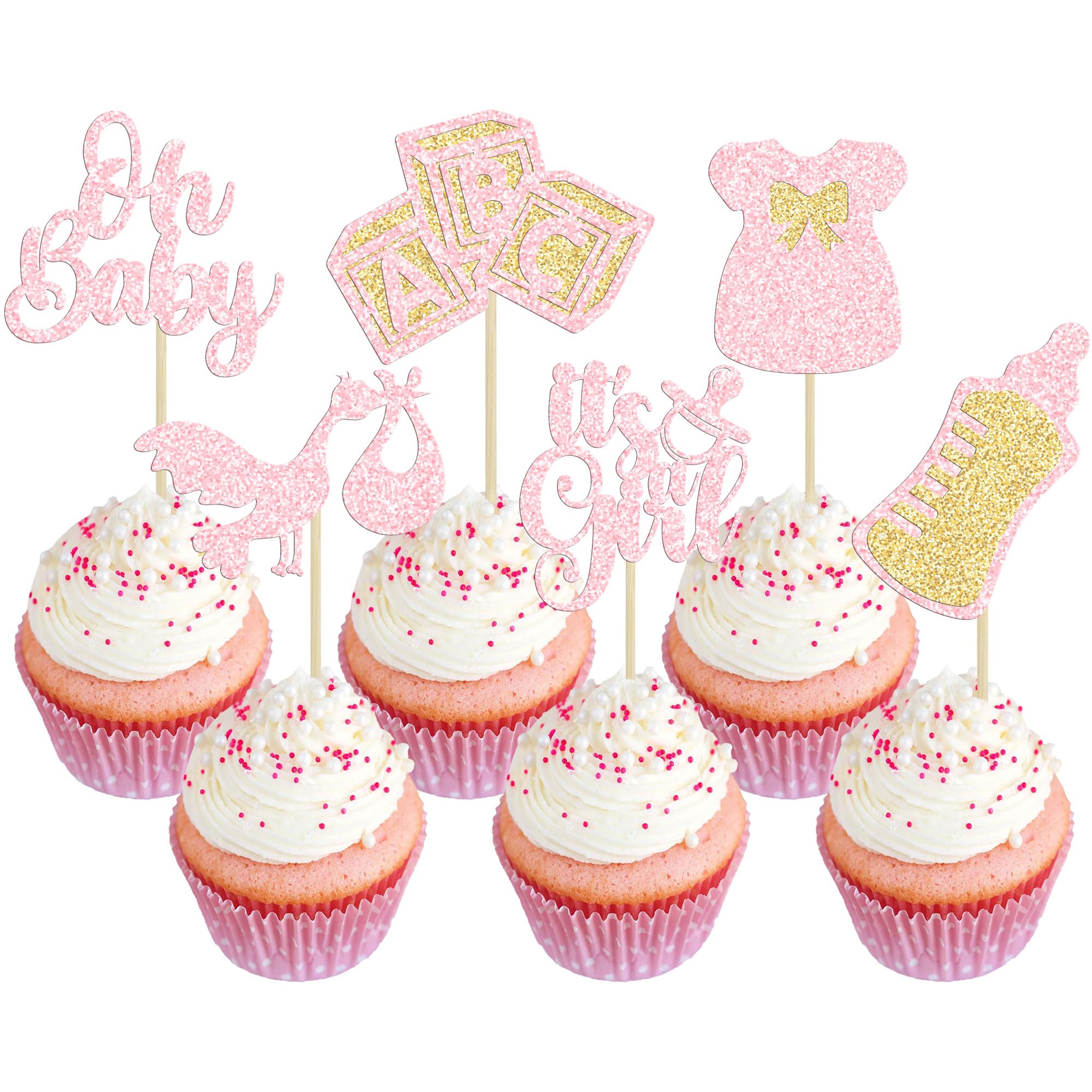 Gyufise 24Pcs Baby Shower Cake Topper, Light Pink, Baby Girl Themed Cupcake Picks for Gender Reveal, Birthday Party Supplies