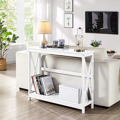 Miniatura 19 de Yaheetech 2 hileras X Diseño Pasillo Grande mesa consola para entrada con estante de almacenamiento, mueble para sala de entrada (Negro) Negro