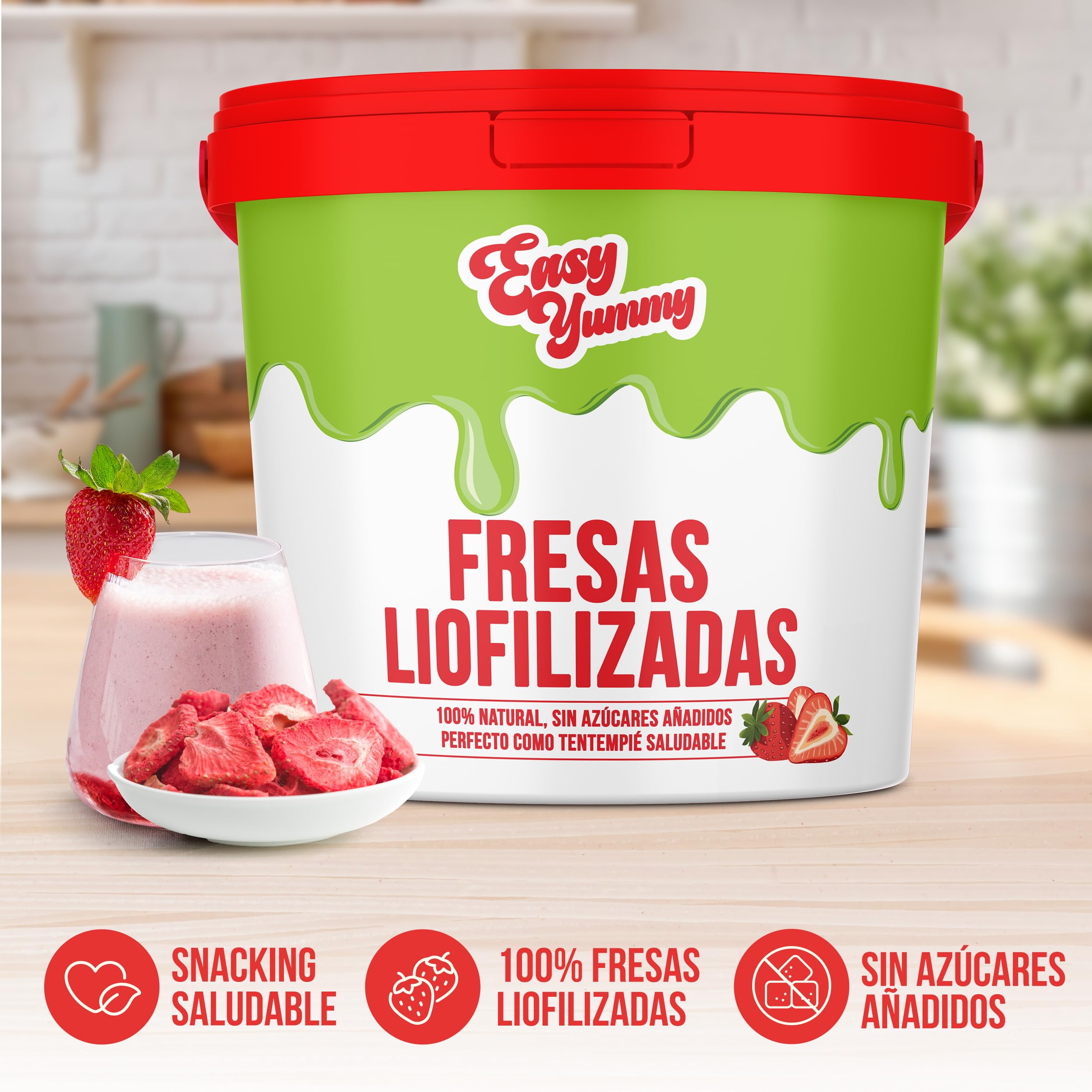 EASY YUMMY - Fresas liofilizadas (300 g), fresas deshidratadas 100% crujientes sin azúcares añadidos, perfectas para aperitivos, muesli y repostería.