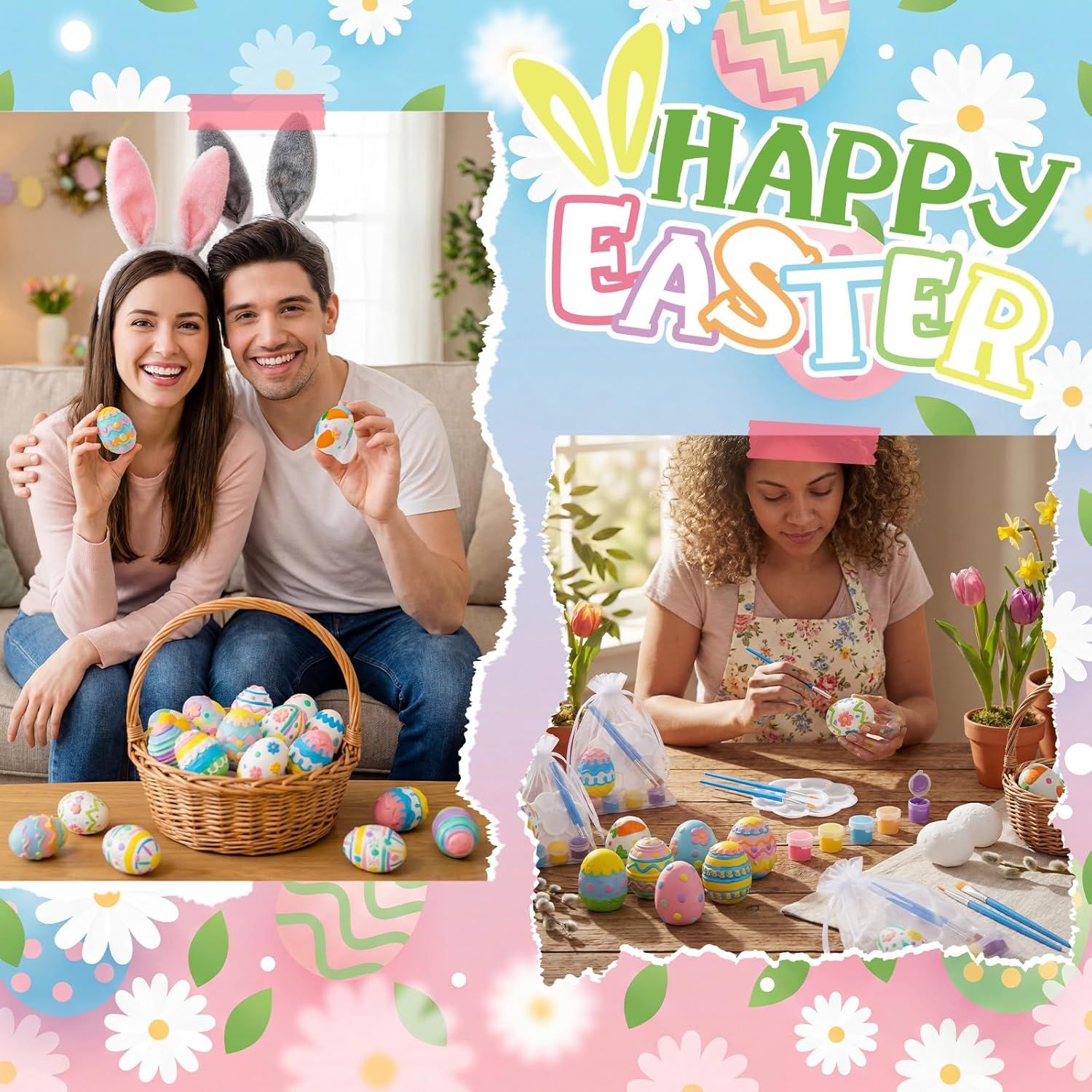 Zubebe 24 Set Ceramic to Paint Easter Eggs 3D Paint Your Own Ceramic Egg Figurines Unpainted Statues DIY Art Crafts with Painting Brushes Kit Palette Bags for Basket Stuffers Spring Party Favor Gifts