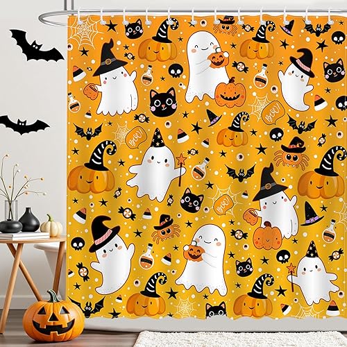 Mocsicka Cortina de ducha de fantasma, fantasma, fantasma, caricatura, gato, calabaza, cortina de ducha de tela impermeable para Halloween,